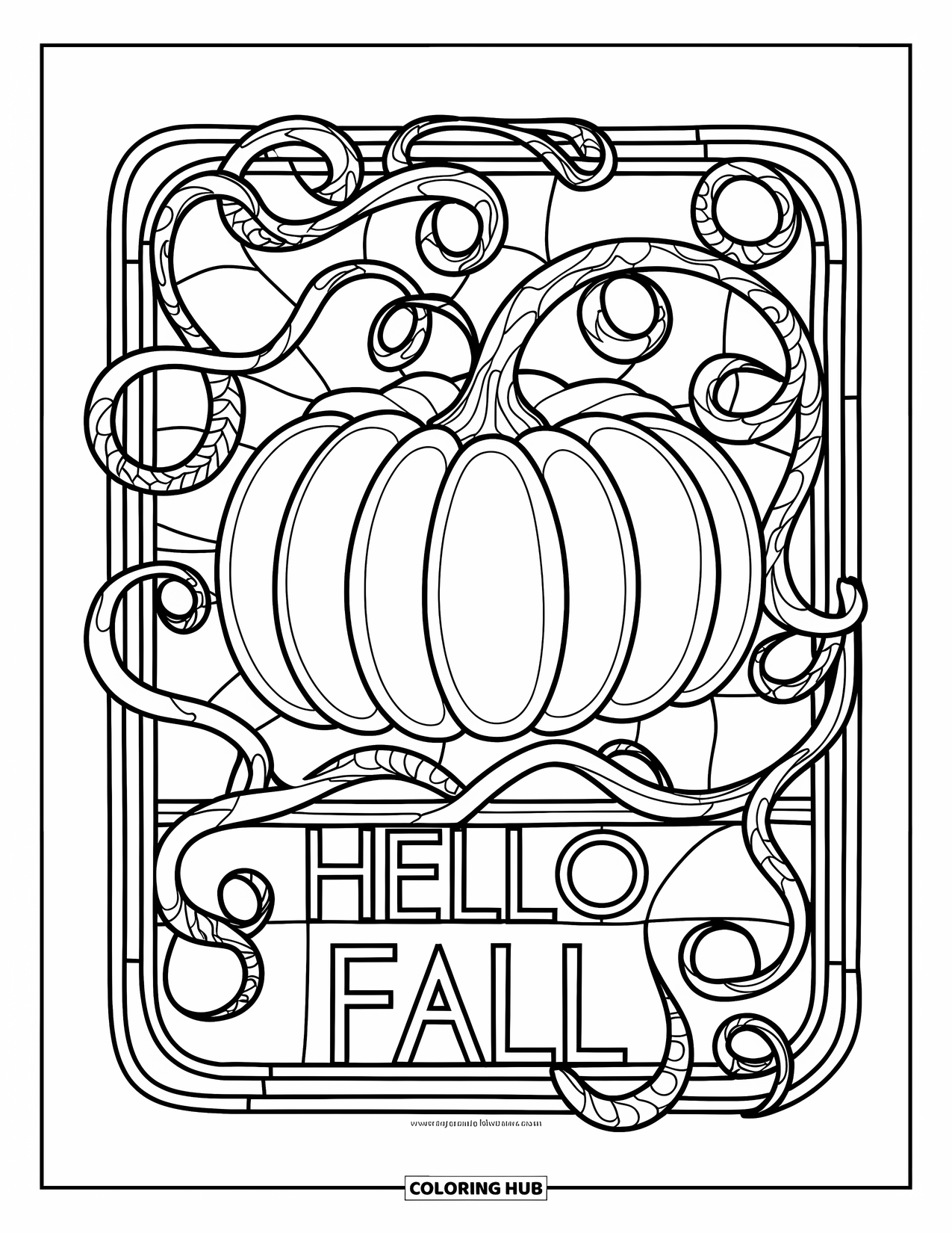 Hello Fall Coloring Page for Adults: A bold pumpkin with vines is framed by stained glass and Hello Fall