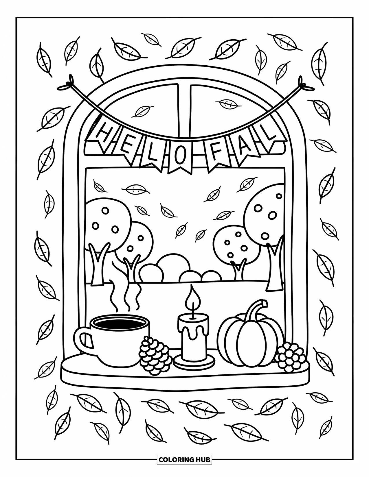 Hello Fall Coloring Page for Adults: A candle glows beside a pumpkin on a window ledge with golden trees outside