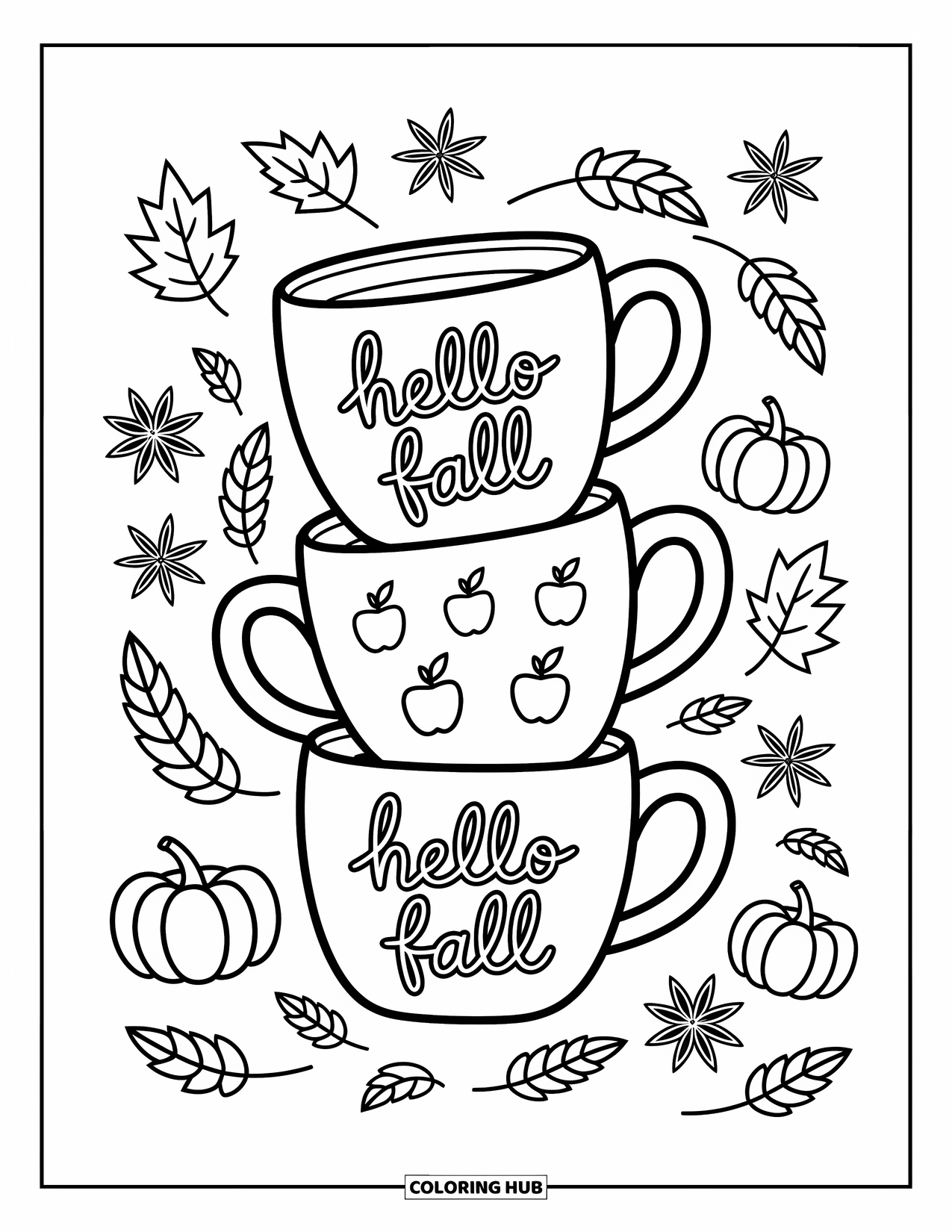 Hello Fall Coloring Page for Adults: A knit scarf and apple basket sit on porch steps with soft autumn details