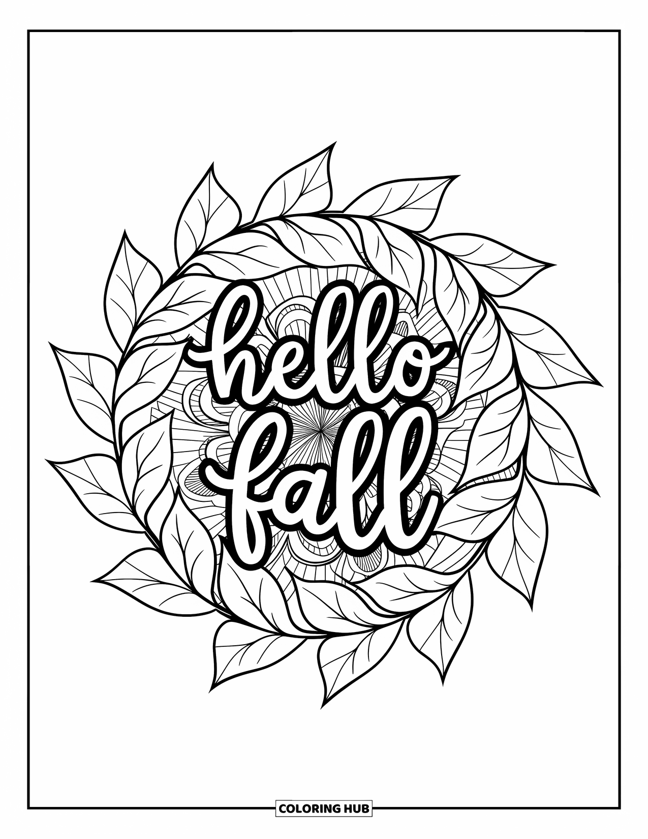 Hello Fall Coloring Page for Adults: A leaf wreath with Hello Fall is surrounded by florals and delicate patterns