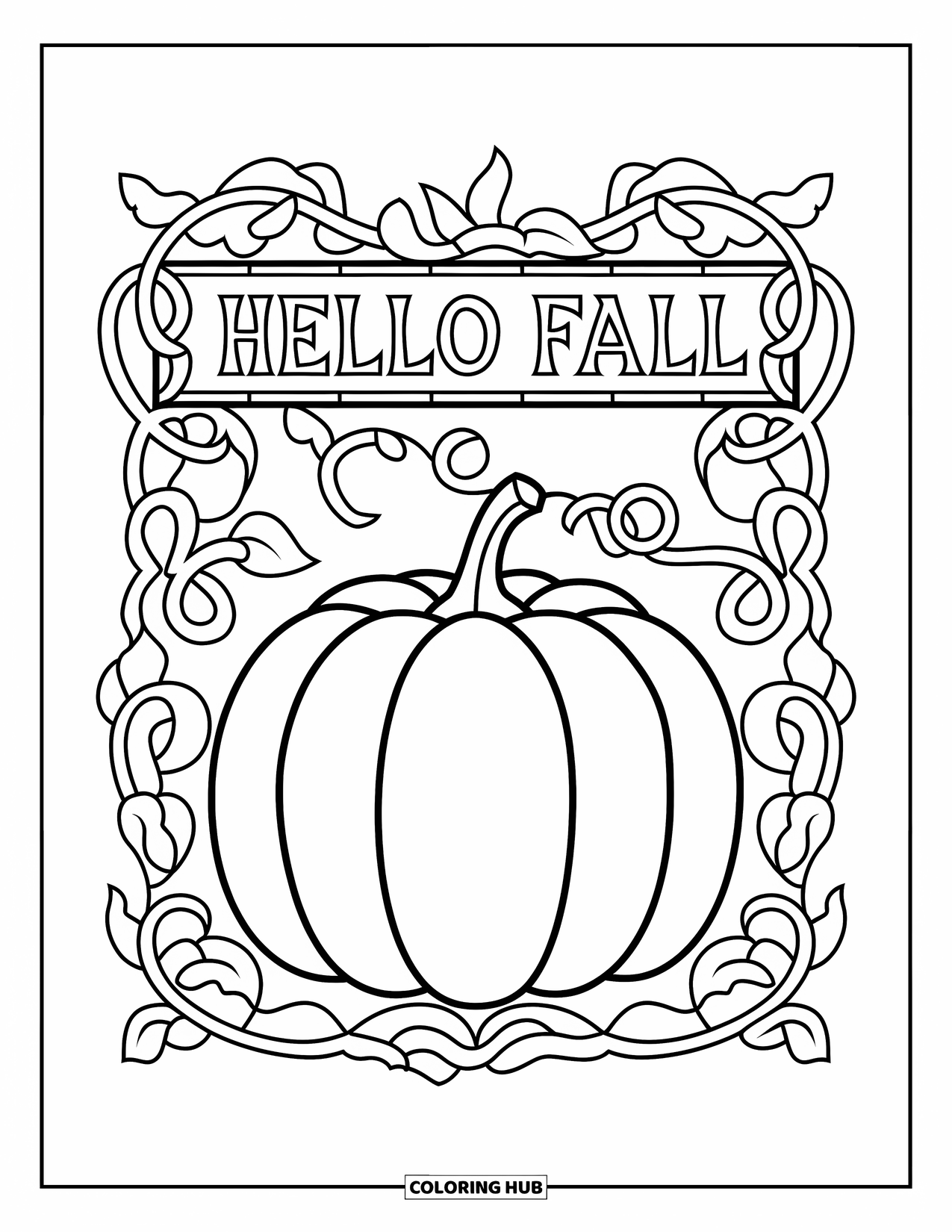 Hello Fall Coloring Page for Adults: A pumpkin with swirling vines sits beneath a Hello Fall stained glass banner