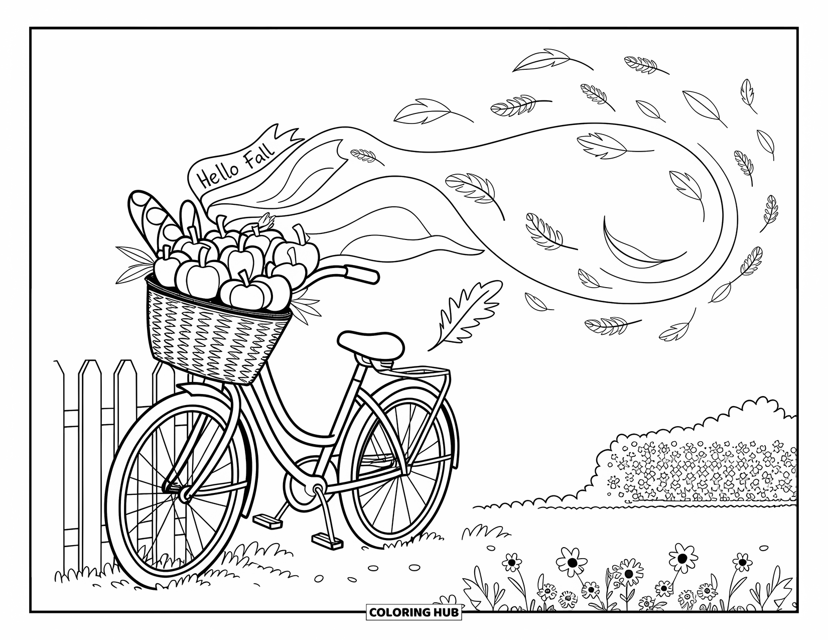 Hello Fall Coloring Page for Adults: A soft breeze dances through warm wheat fields and a charming parked bicycle