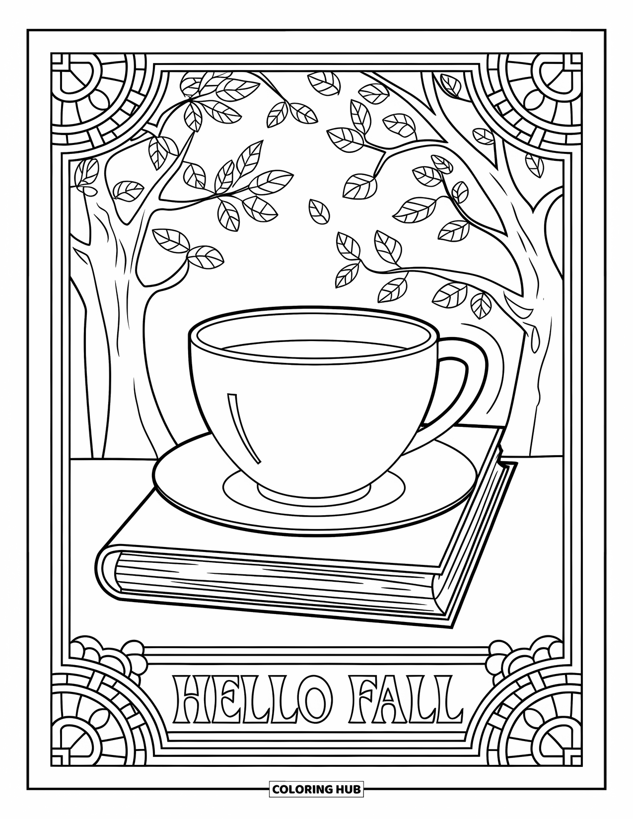 Hello Fall Coloring Page for Adults: A tea cup sits on books in a fall tree scene with stained glass
