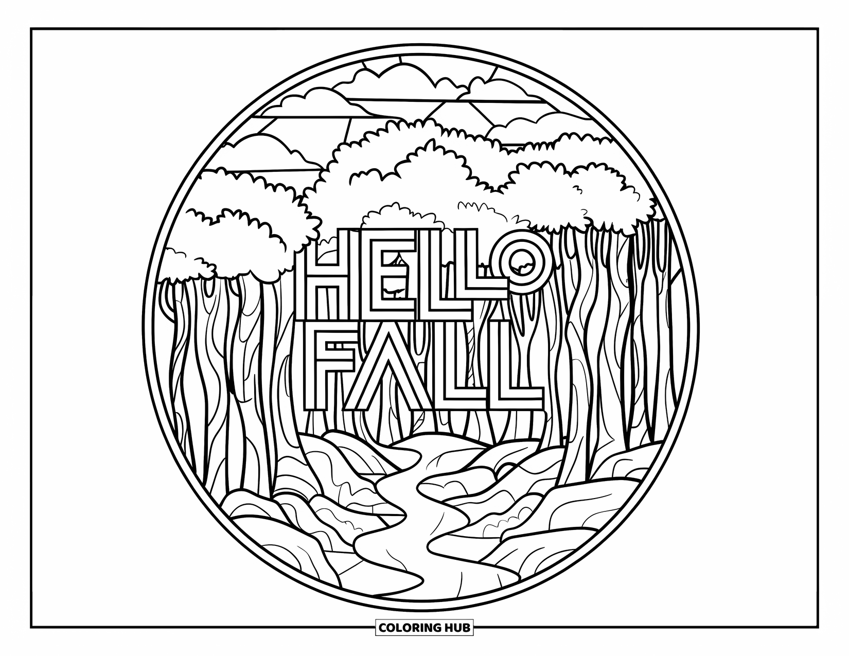 Hello Fall Coloring Page for Adults: A twisting forest path winds through trees under Hello Fall in a circular stained glass