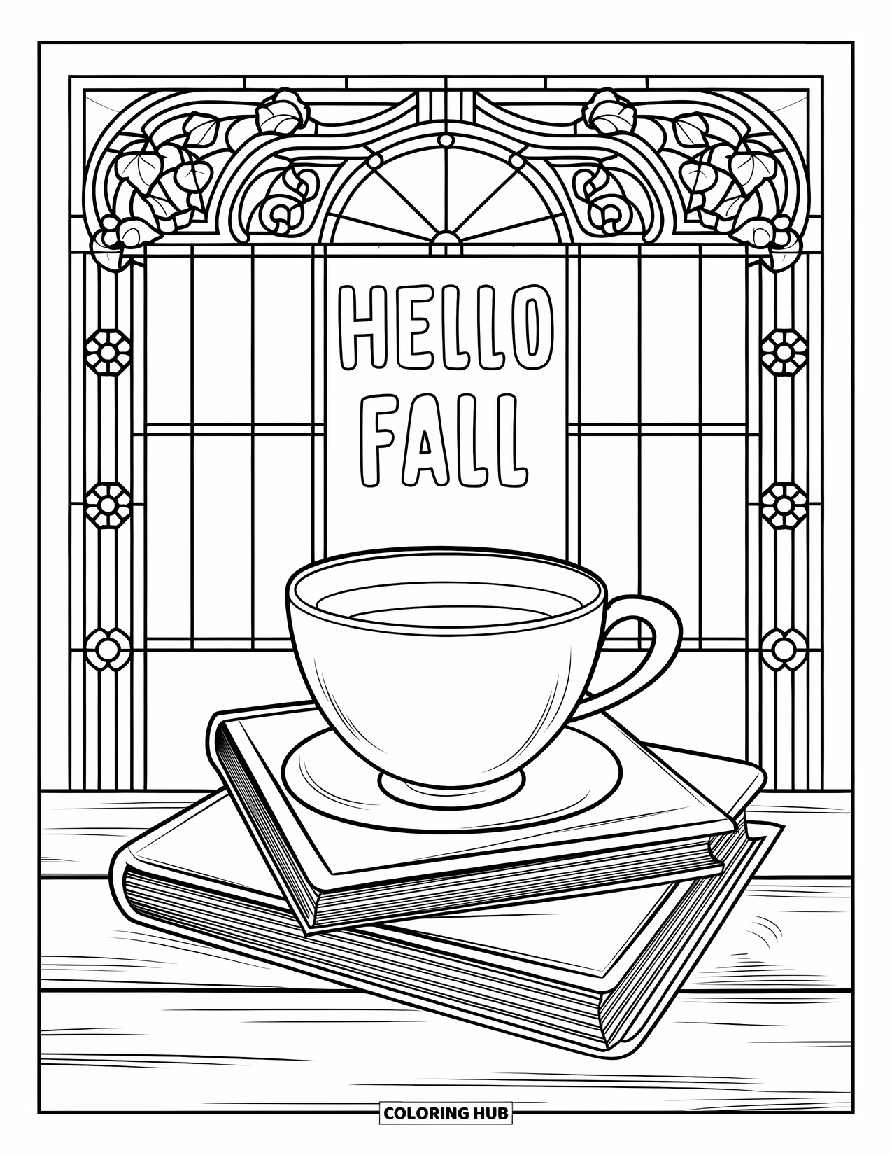 Hello Fall Coloring Page for Adults: A warm cup on books glows near a window with Hello Fall in stained glass