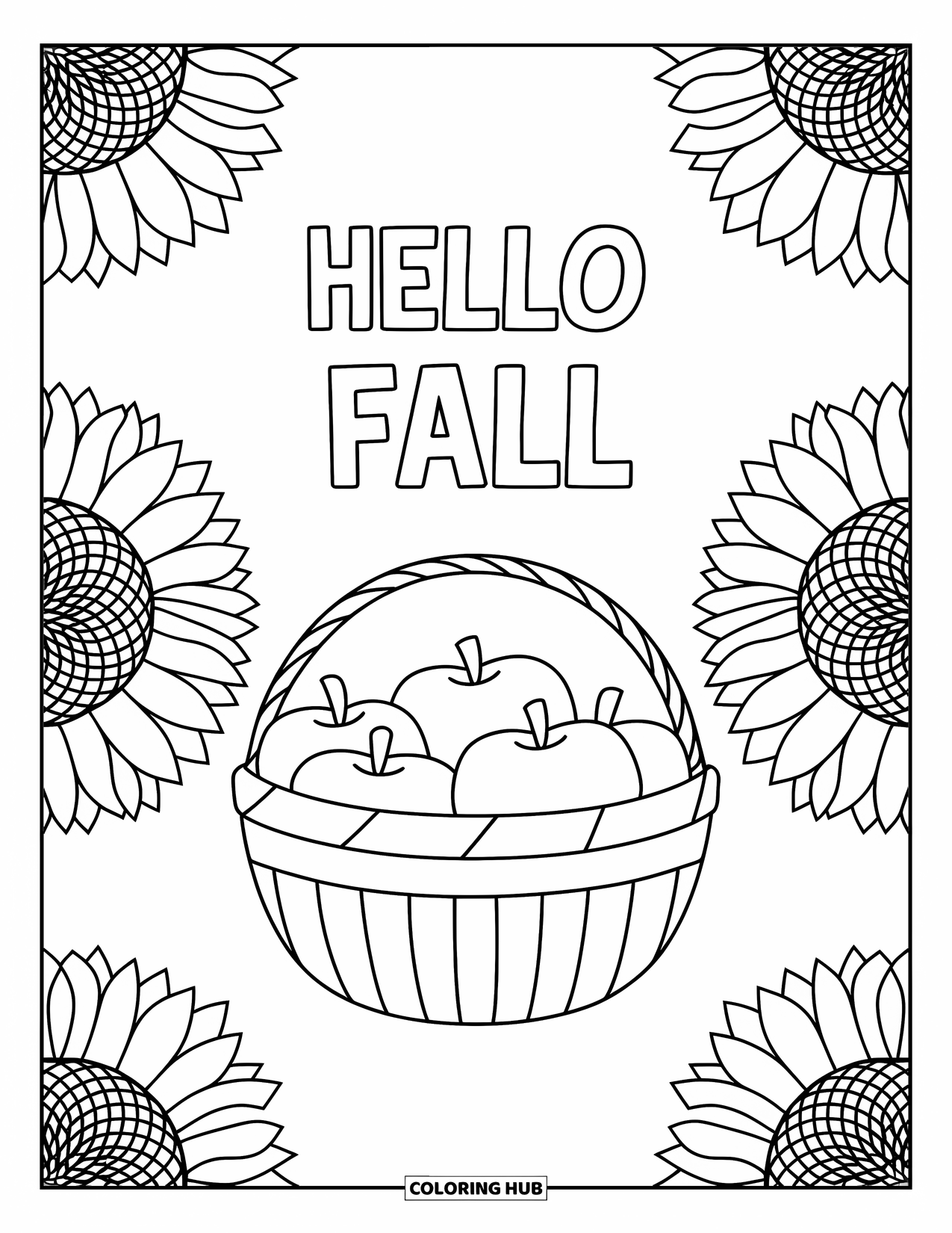 Hello Fall Coloring Page for Adults: An apple basket is framed by sunflower mandalas with Hello Fall written above