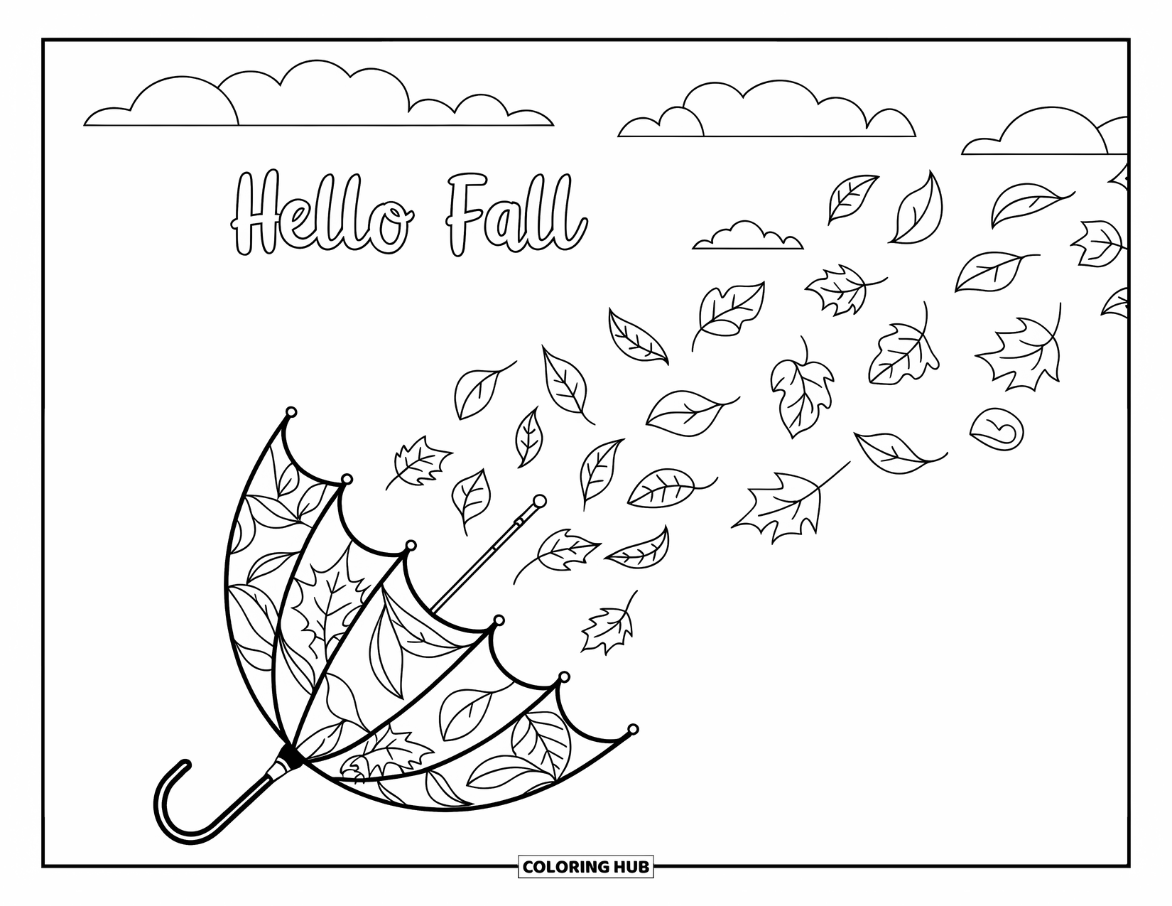 Hello Fall Coloring Page for Adults: An umbrella spills autumn leaves under a cloudy sky with Hello Fall above