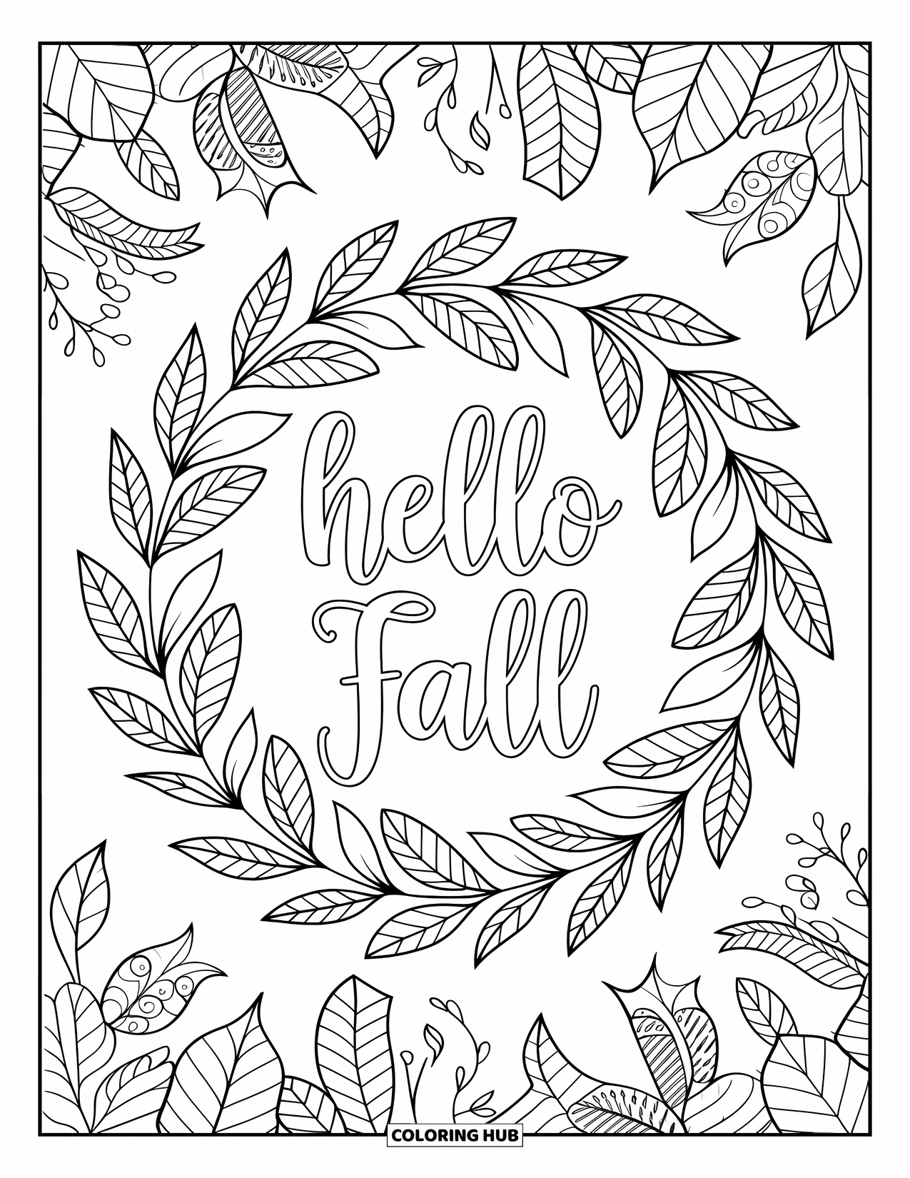 Hello Fall Coloring Page for Adults: Detailed leaves form a wreath around Hello Fall with mandala florals surrounding it