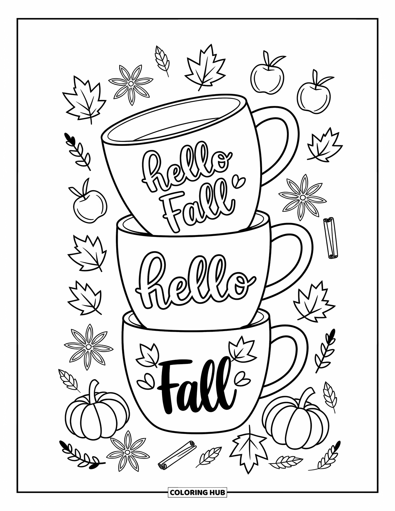 Hello Fall Coloring Page for Adults: Fall spices and fruits surround playful mugs with cheerful autumn patterns