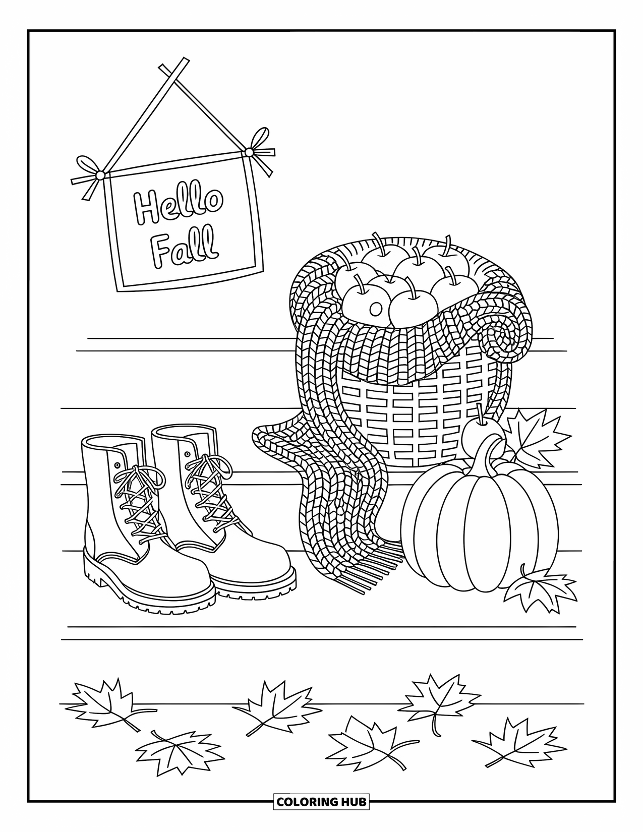 Hello Fall Coloring Page for Adults: Fallen leaves scatter around boots, a scarf, and a pumpkin on cozy steps