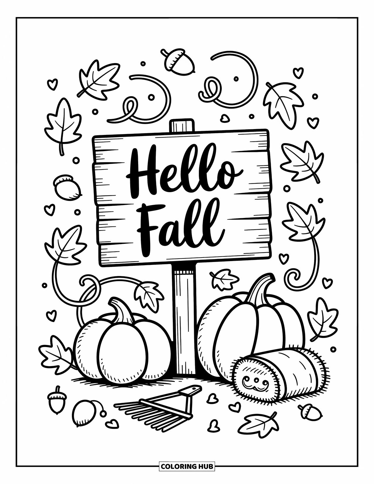 Hello Fall Coloring Page for Adults: Floating leaves and acorns dance above pumpkins and a cute Hello Fall sign