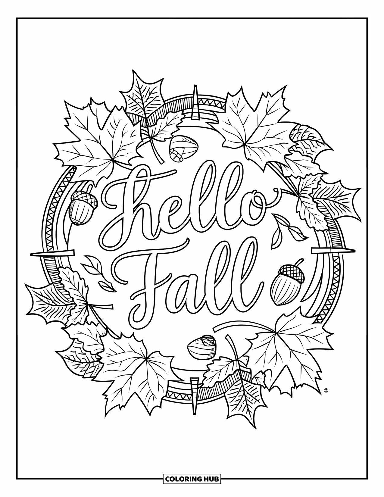 Hello Fall Coloring Page for Adults: Maple leaves and acorns form a mandala around Hello Fall in cursive script