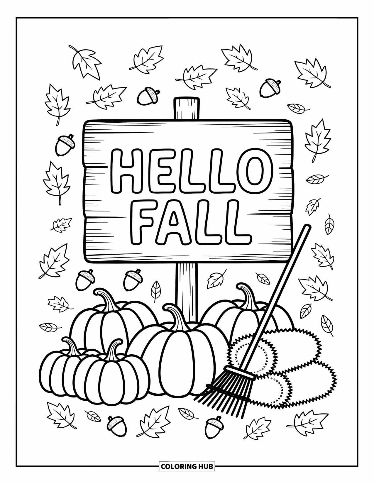 Hello Fall Coloring Page for Adults: Mini pumpkins and twisty vines gather around a fall sign with a nearby rake