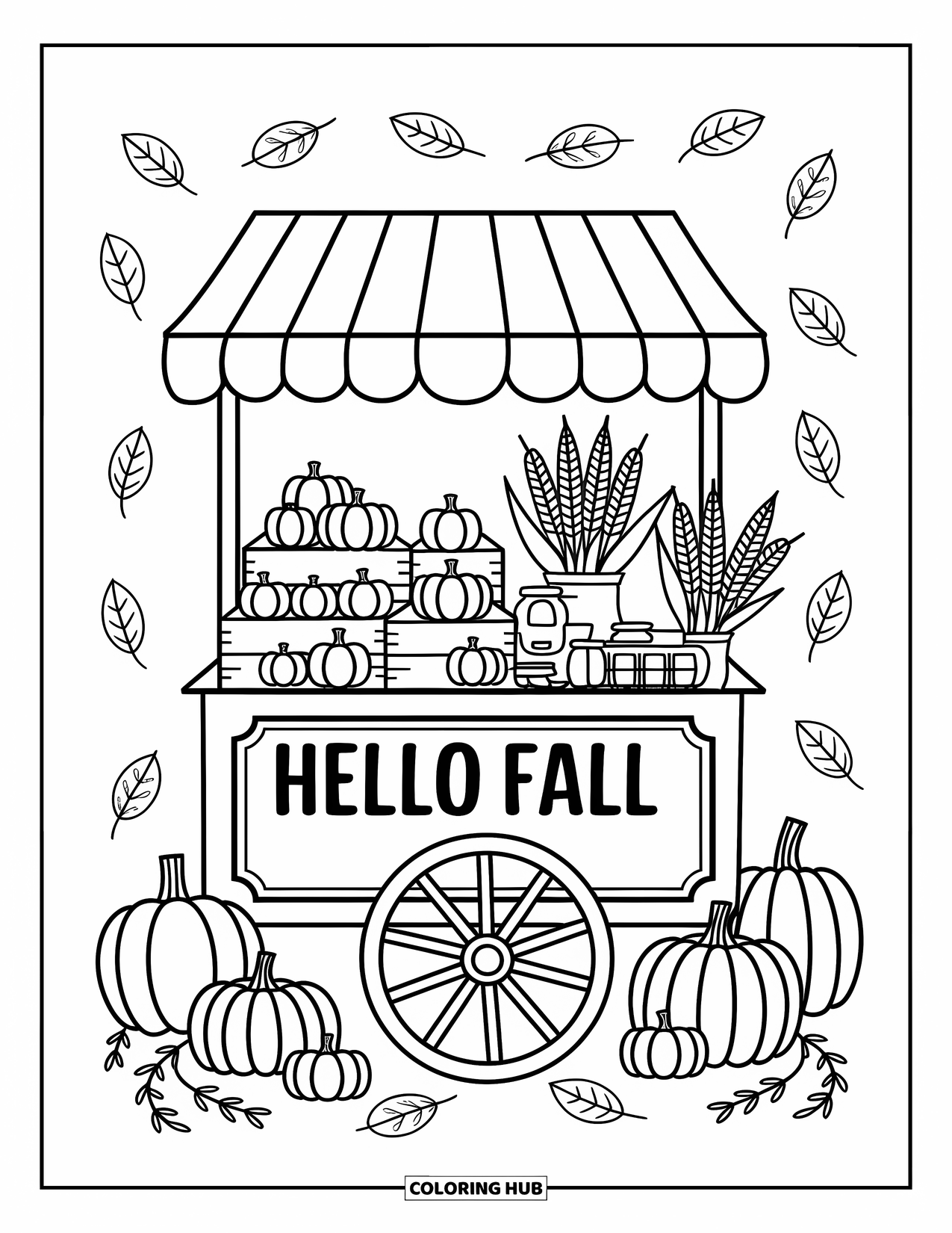 Hello Fall Coloring Page for Adults: Pumpkins, preserves, and wheat fill a fall market cart under a Hello Fall banner