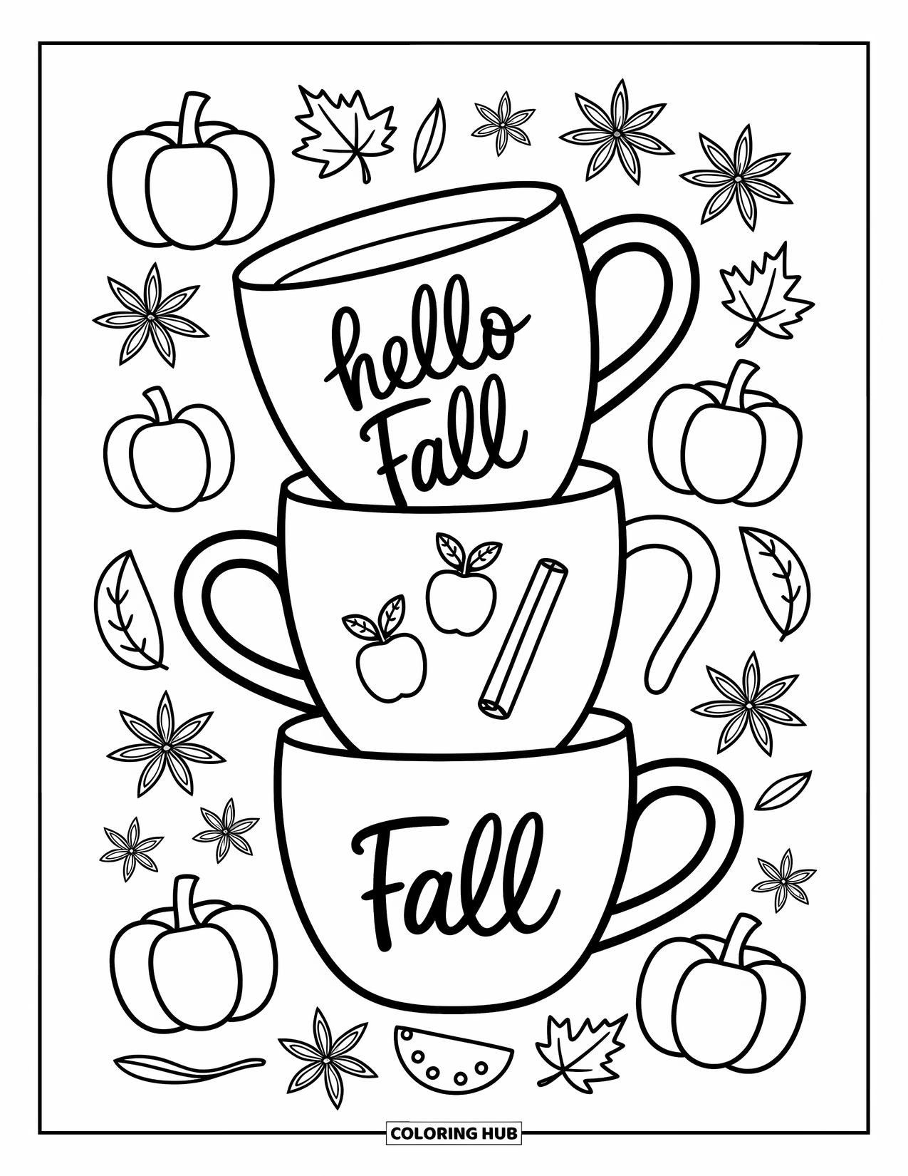 Hello Fall Coloring Page for Adults: Star anise, pumpkin, and apple slices sit around cozy mugs that say Hello Fall