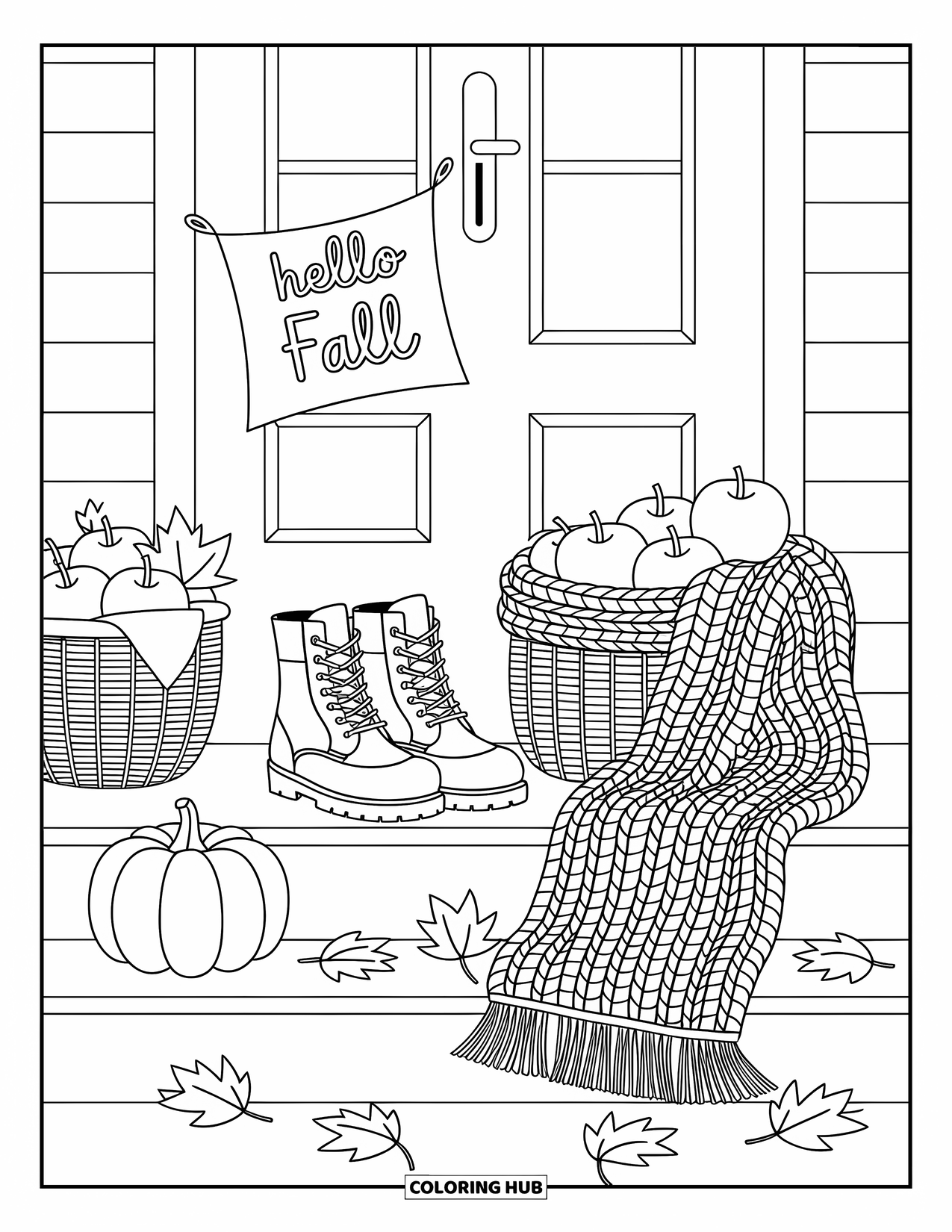Hello Fall Coloring Page for Adults: Swirling leaves dance beyond a peaceful window filled with warm fall items