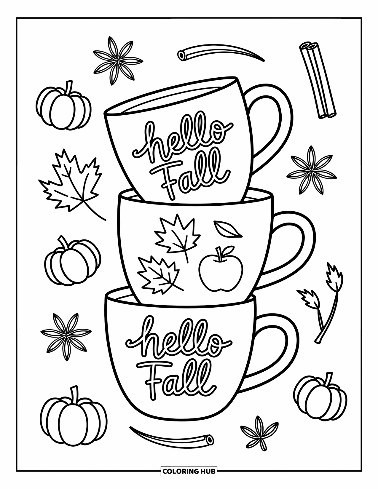 Hello Fall Coloring Page for Adults: Three tilted mugs stack with leaves, apples, and a cinnamon stick
