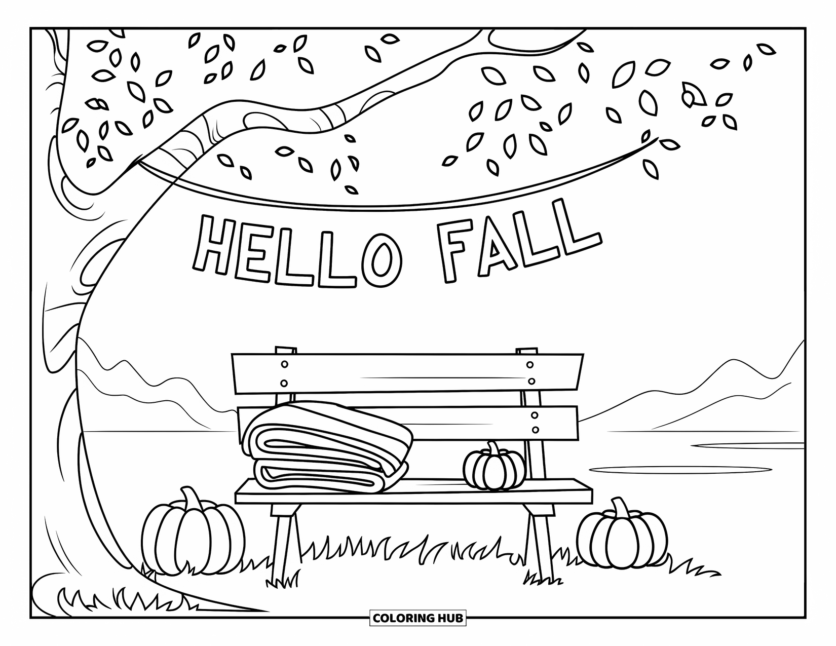 Hello Fall Coloring Page for Kids: A bench under a tree holds blankets and pumpkins with a "Hello Fall" banner