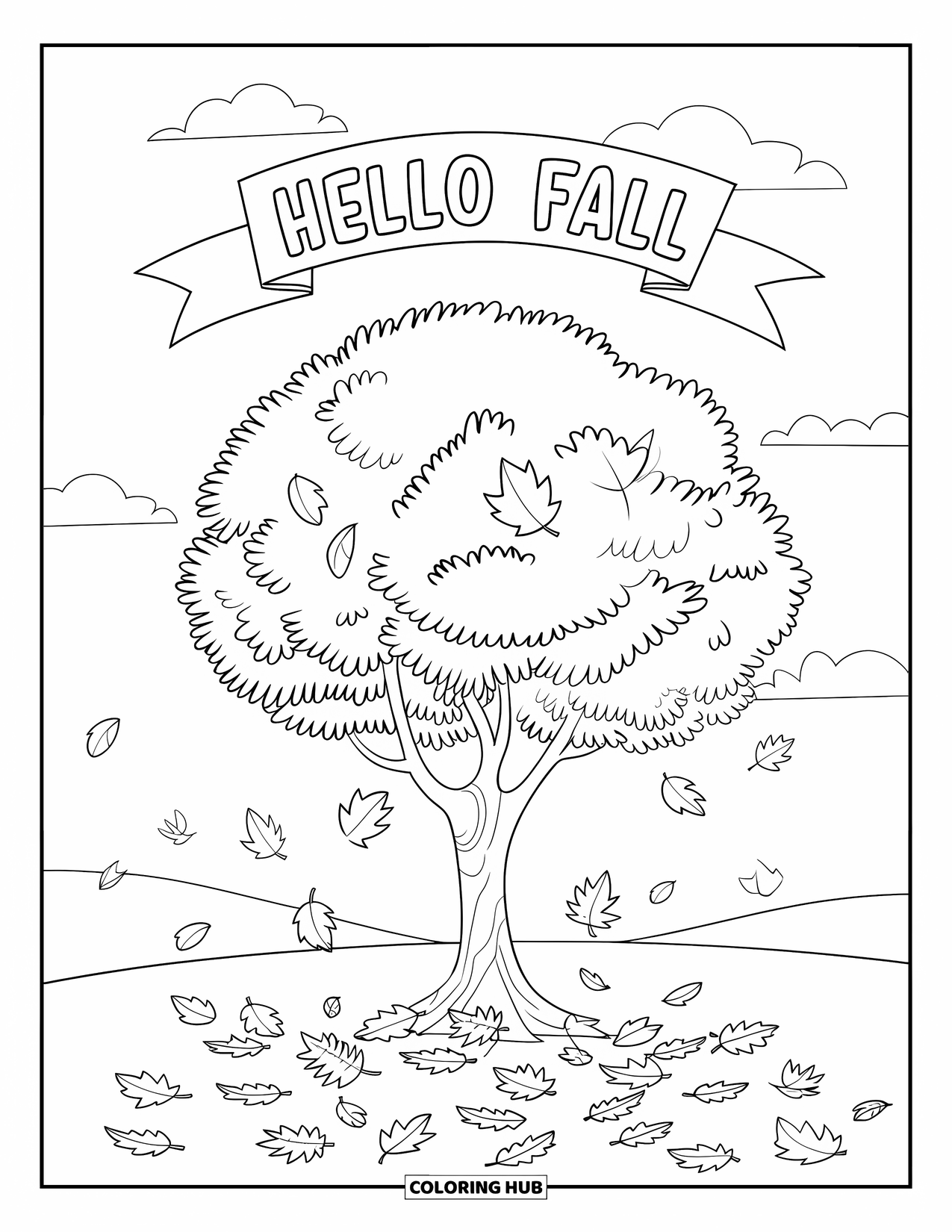 Hello Fall Coloring Page for Kids: A big leafy tree drops autumn leaves under a "Hello Fall" banner