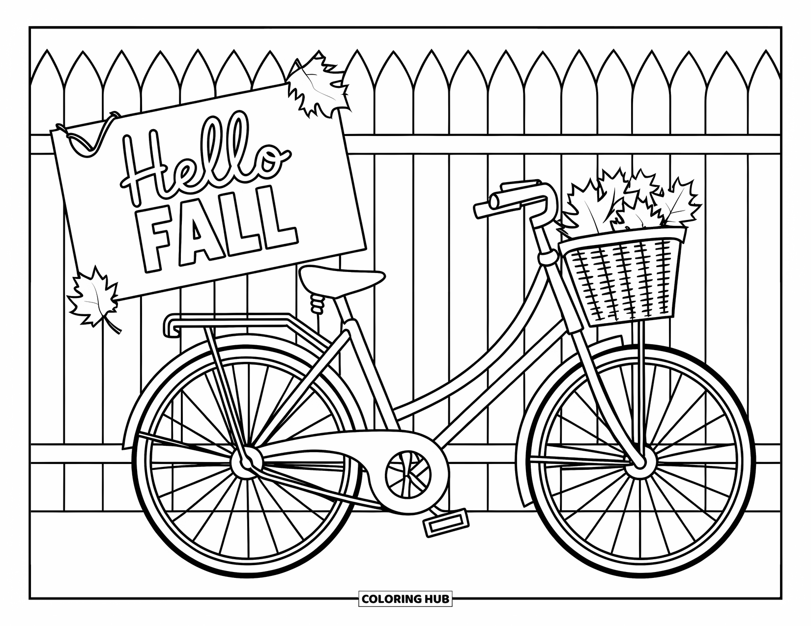Hello Fall Coloring Page for Kids: A cozy bike leans on a fence with a "Hello Fall" sign and leafy basket