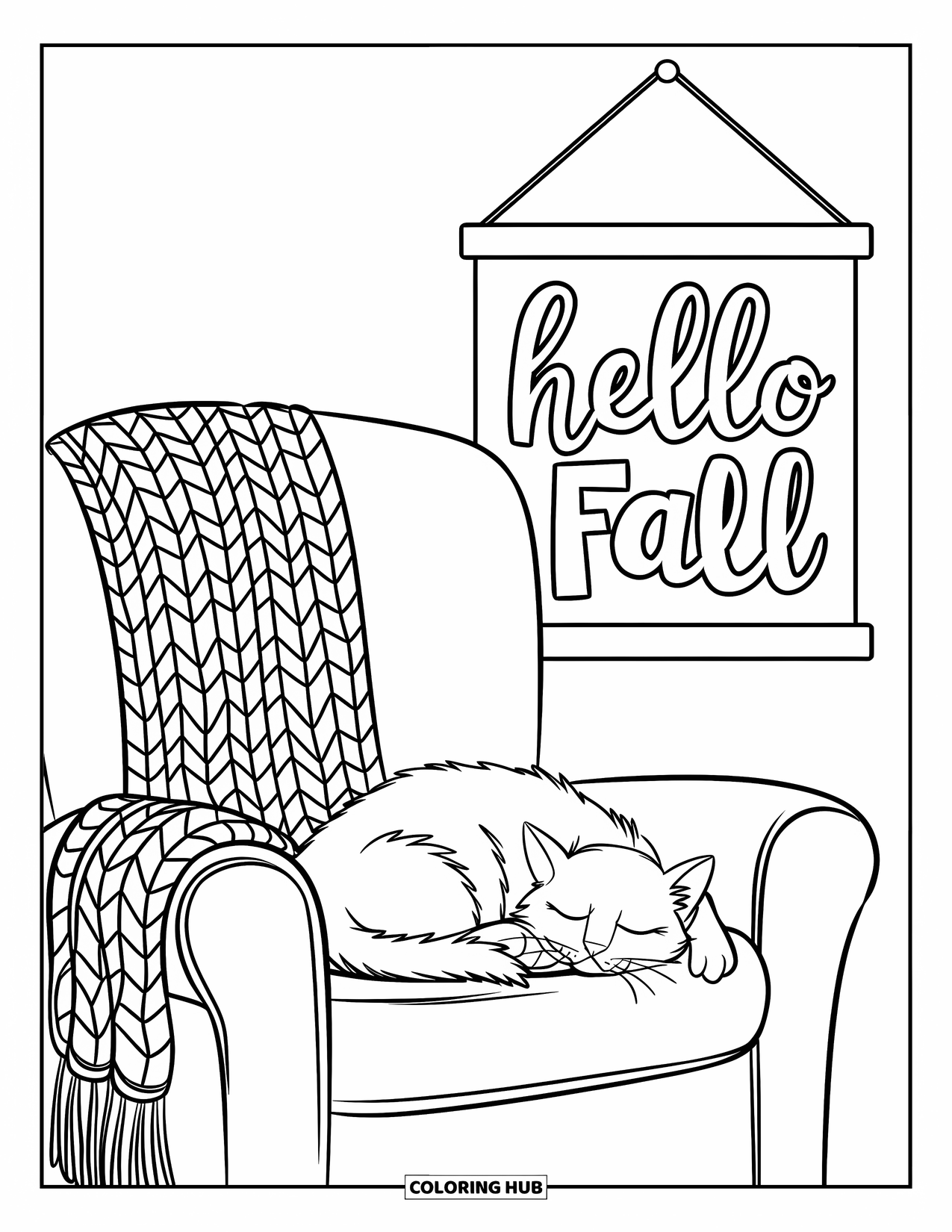 Hello Fall Coloring Page for Kids: A cozy chair with a knit blanket and cat snoozing under a fall sign