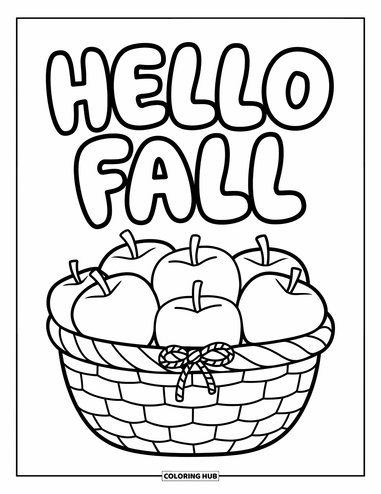 Hello Fall Coloring Page for Kids: A cute bow-tied basket shares fall cheer with bubbly text