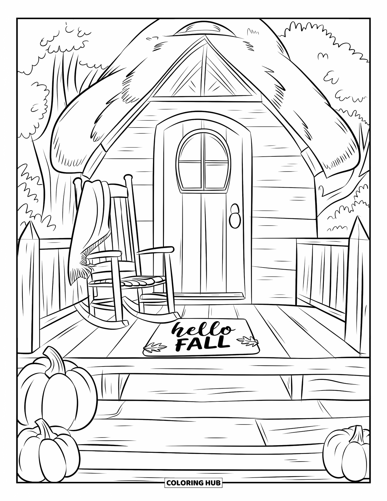 Hello Fall Coloring Page for Kids: A rocking chair porch scene with pumpkins and a welcoming fall doormat