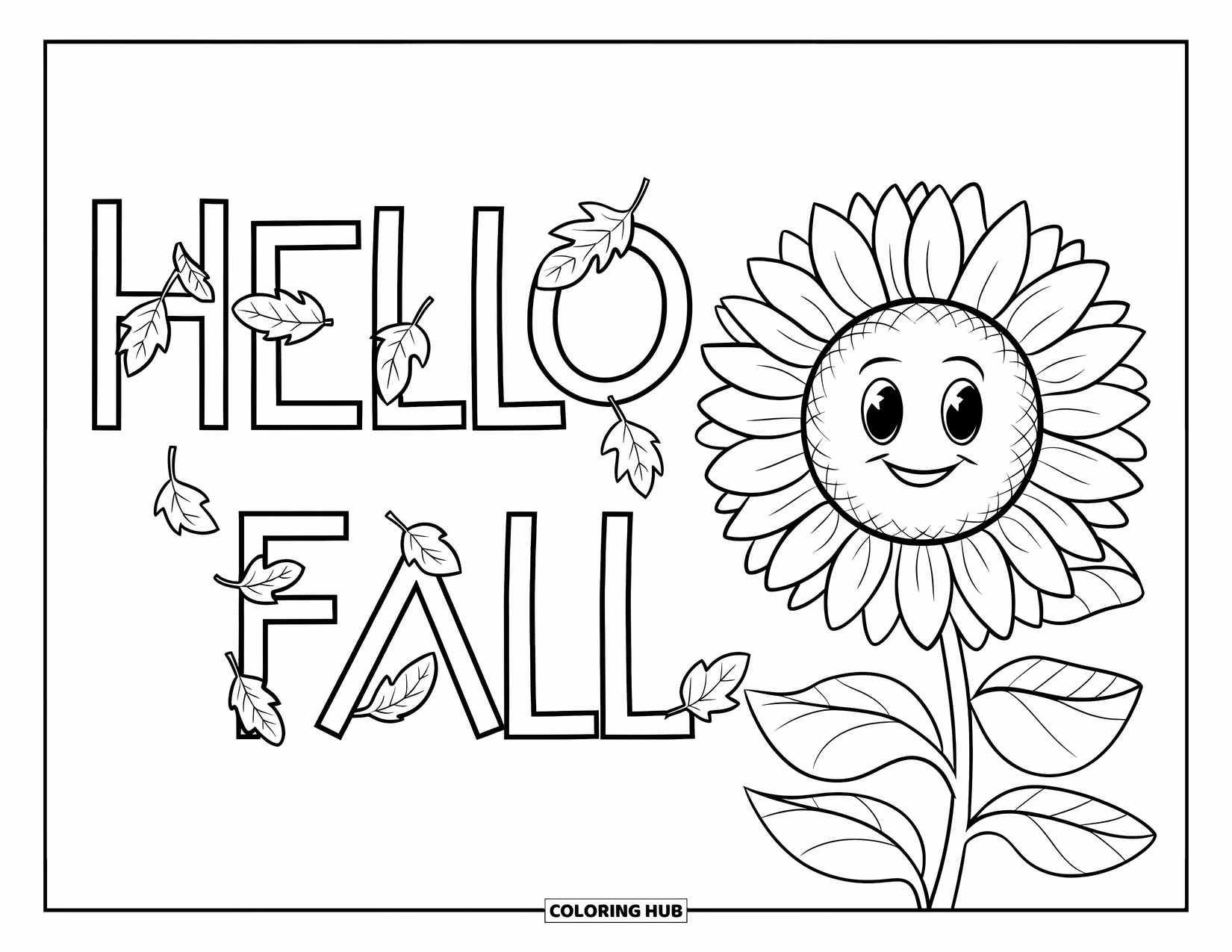 Hello Fall Coloring Page for Kids: A smiling sunflower shares fall joy with gently falling leaves