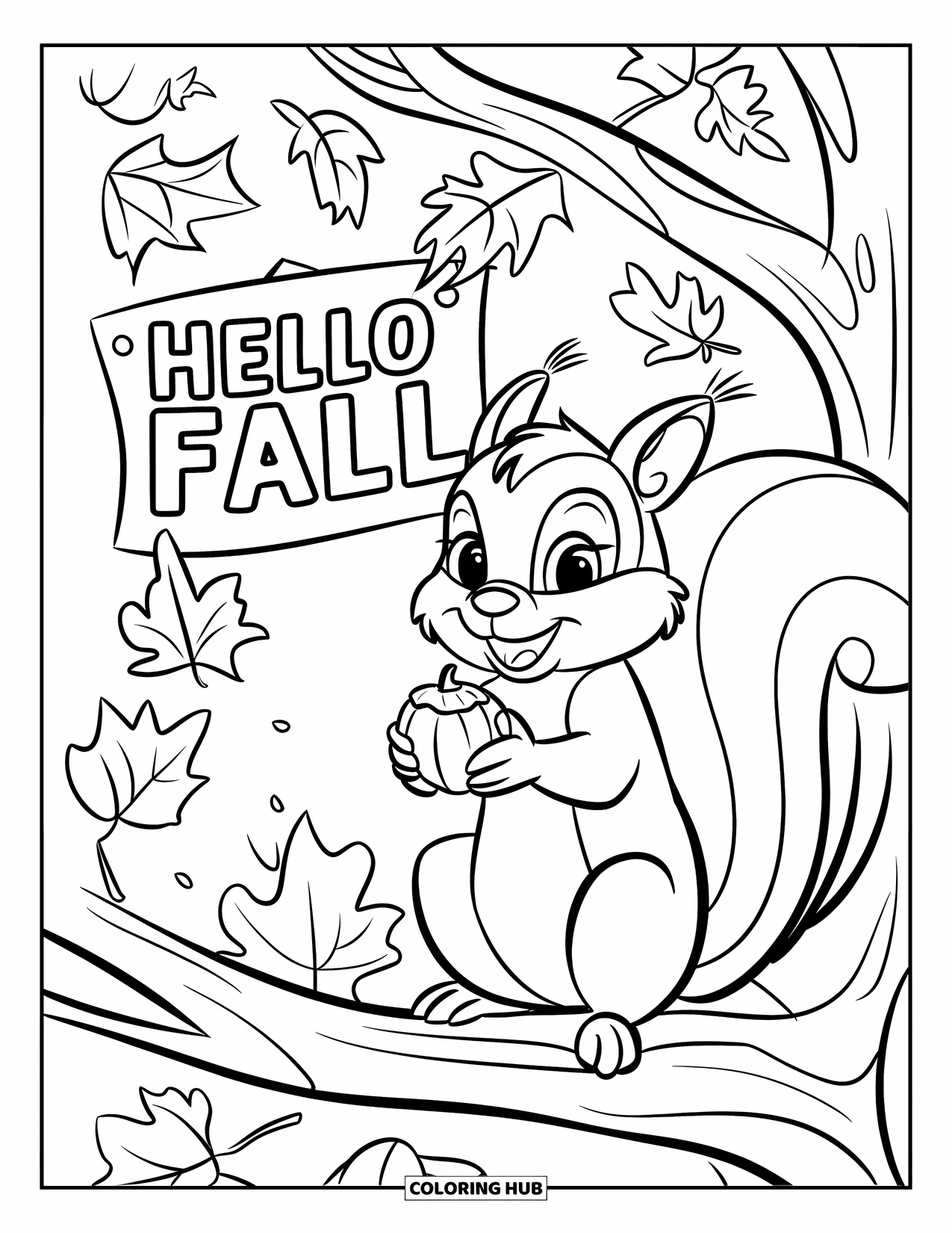 Hello Fall Coloring Page for Kids: A squirrel with a nut rests beside a cheerful fall banner