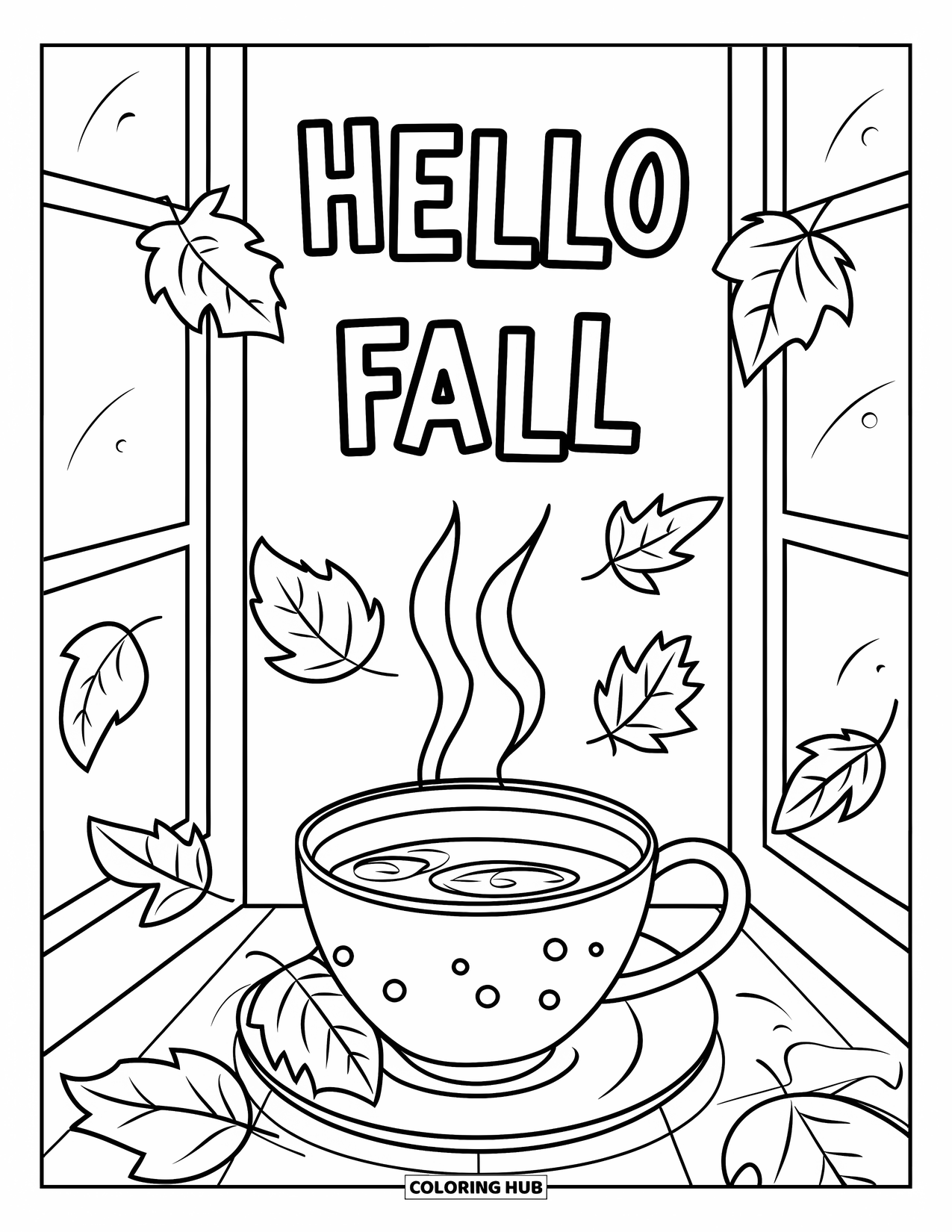 Hello Fall Coloring Page for Kids: A tea cup on the windowsill with leaves and a "Hello Fall" vibe