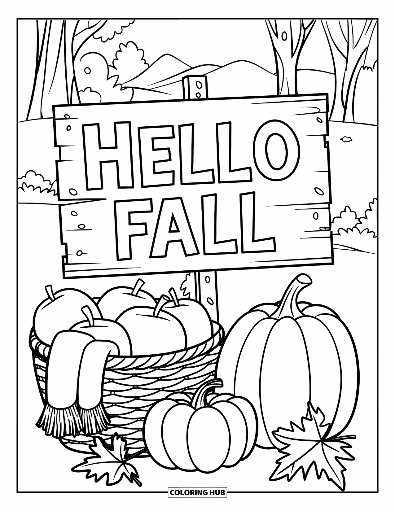 Hello Fall Coloring Page for Kids: A welcoming sign and basket full of scarves brighten a fall hillside