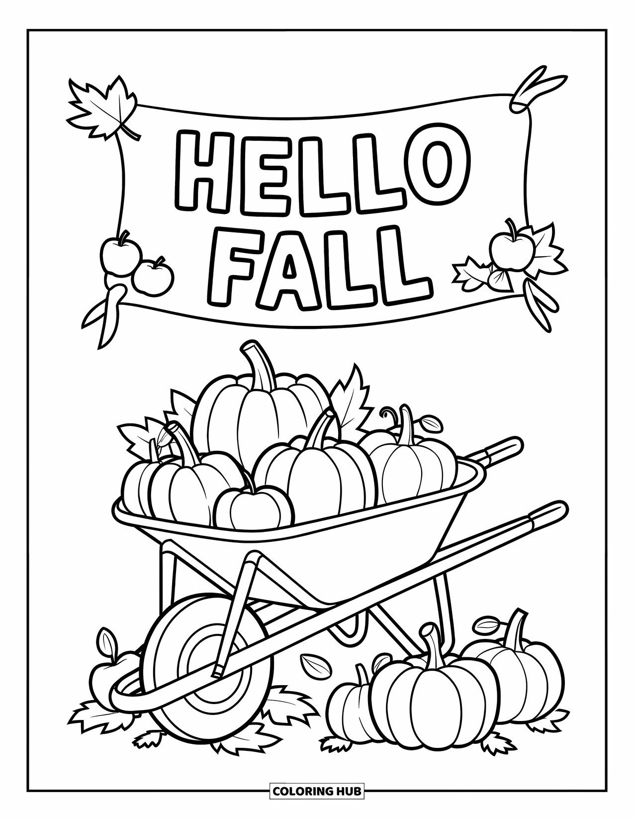 Hello Fall Coloring Page for Kids: A wheelbarrow rests on a leaf-covered path with a cheery greeting above