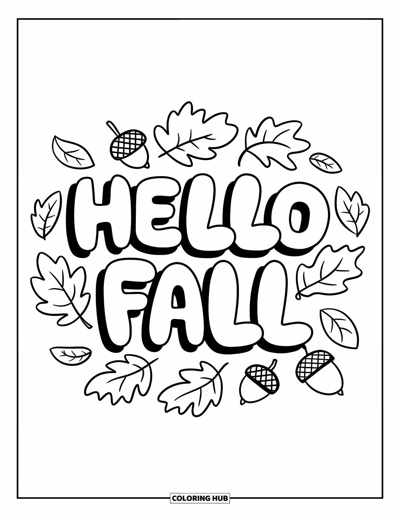 Hello Fall Coloring Page for Kids: Acorns and leaves dance around bubbly fall letters on a clean page