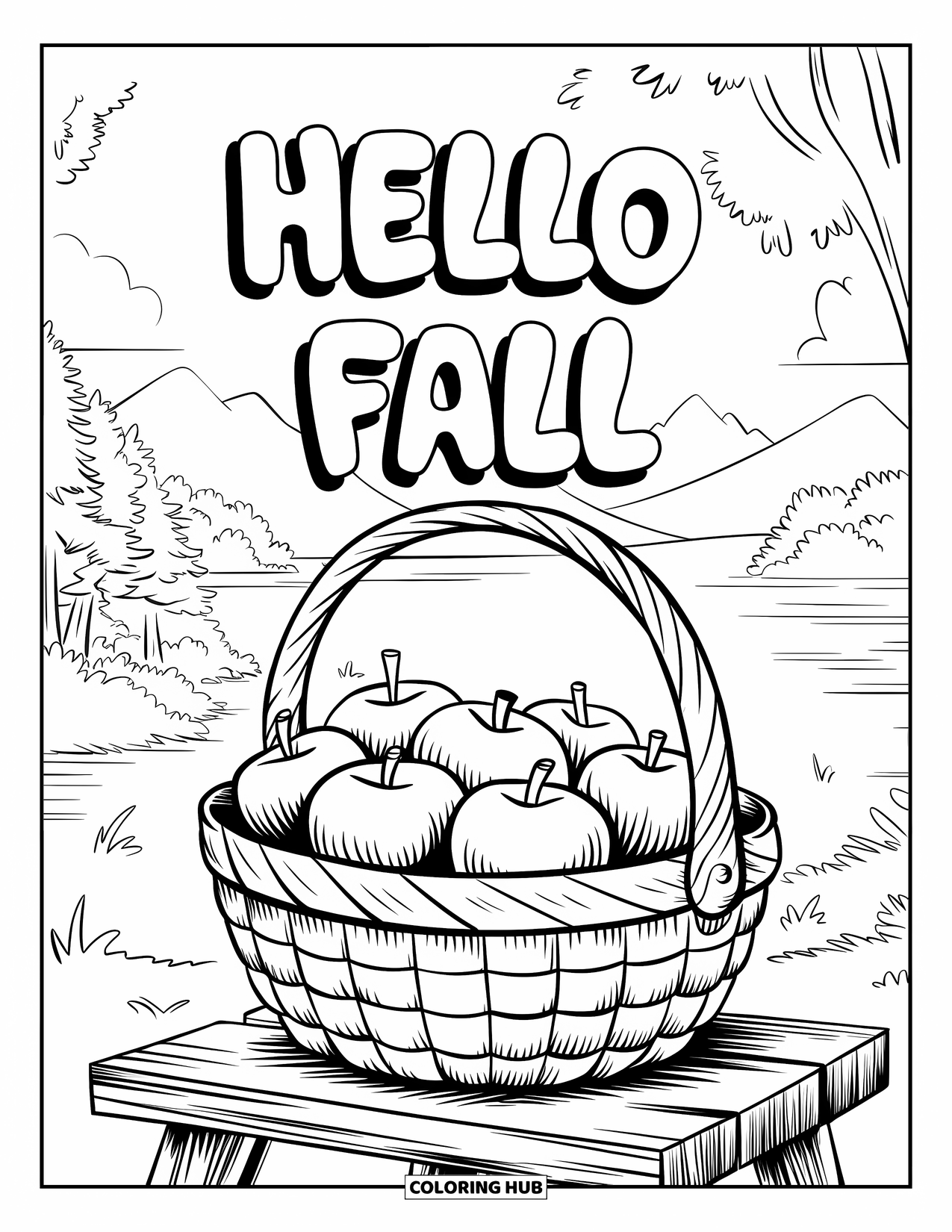 Hello Fall Coloring Page for Kids: Autumn apples spill from a basket with a fun fall sign above