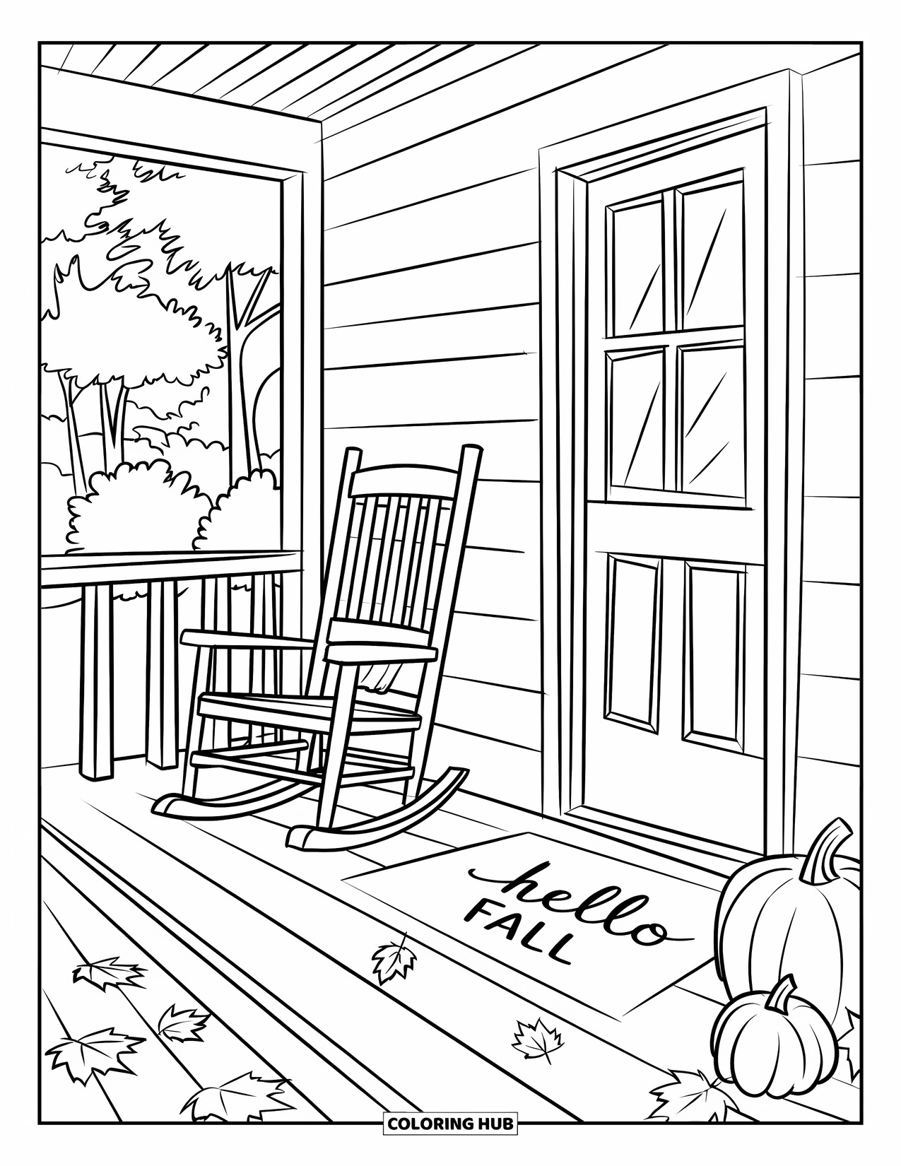 Hello Fall Coloring Page for Kids: Autumn porch with a blanket-draped chair and a cheerful "Hello Fall" doormat