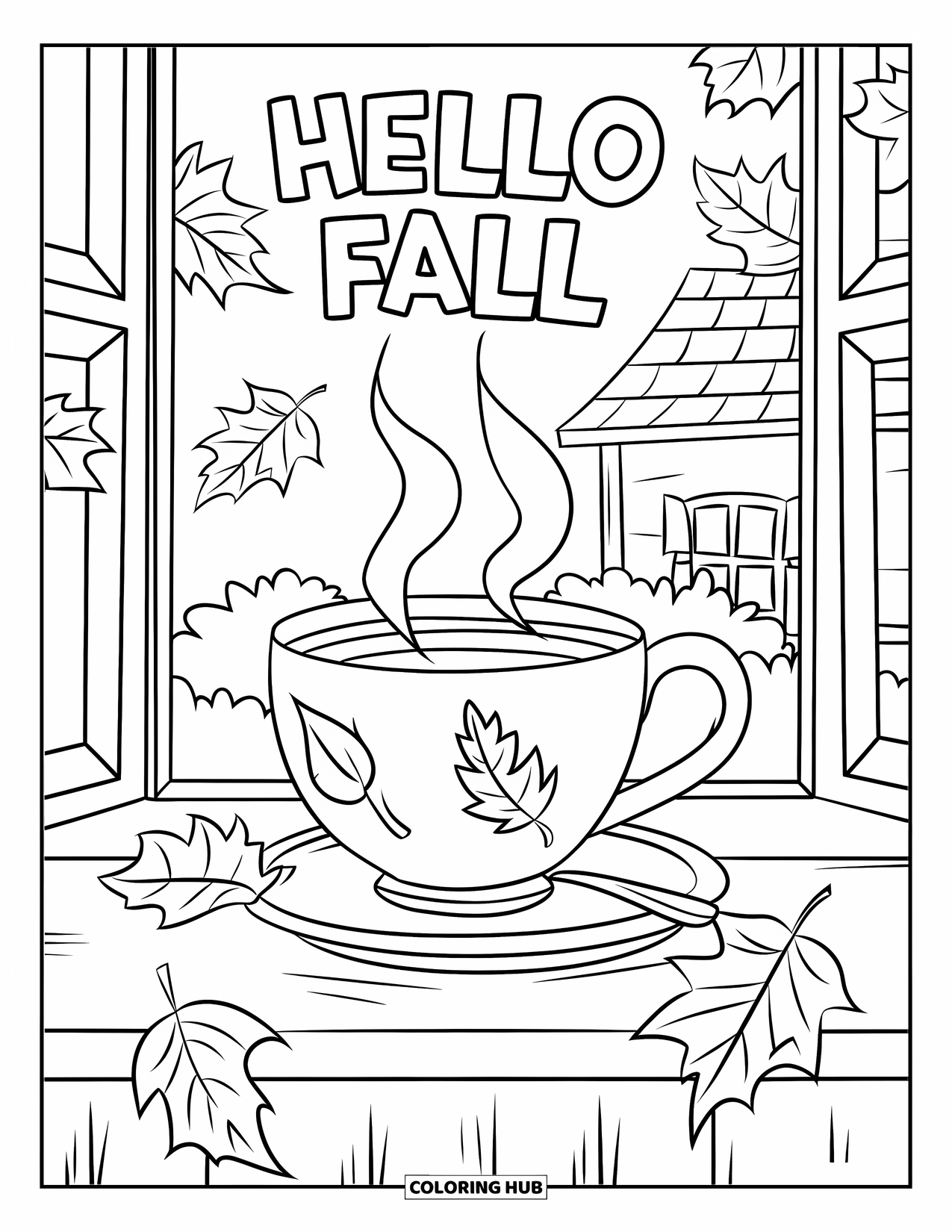 Hello Fall Coloring Page for Kids: Autumn tea moment by the window with trees and a cheerful fall greeting