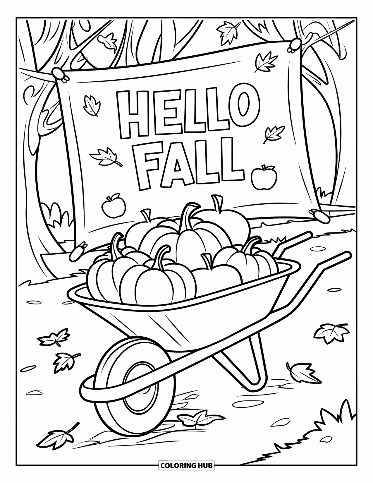 Hello Fall Coloring Page for Kids: Autumn trees surround a loaded wheelbarrow and a welcoming fall banner