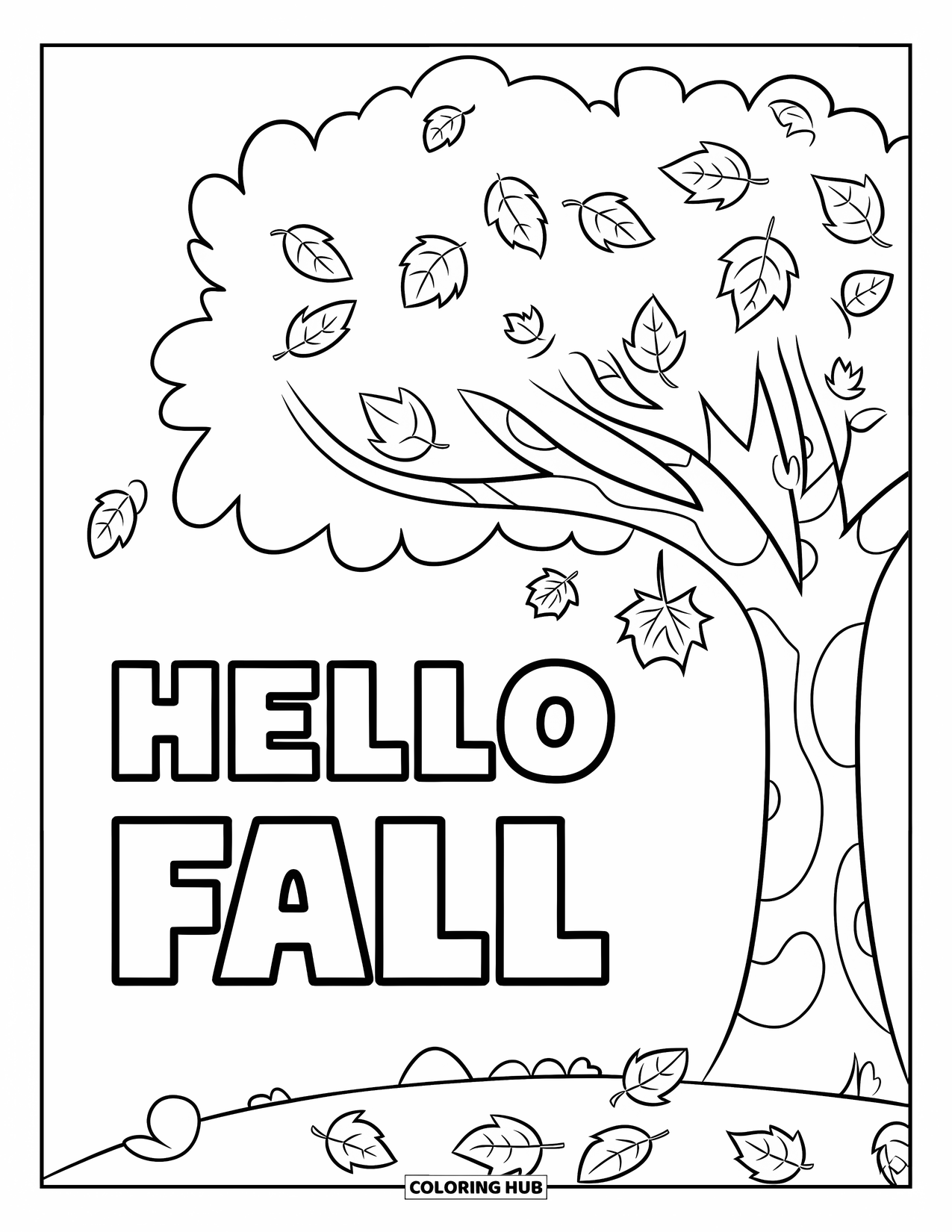 Hello Fall Coloring Page for Kids: Big leaves tumble from a tree with a playful "Hello Fall" sign