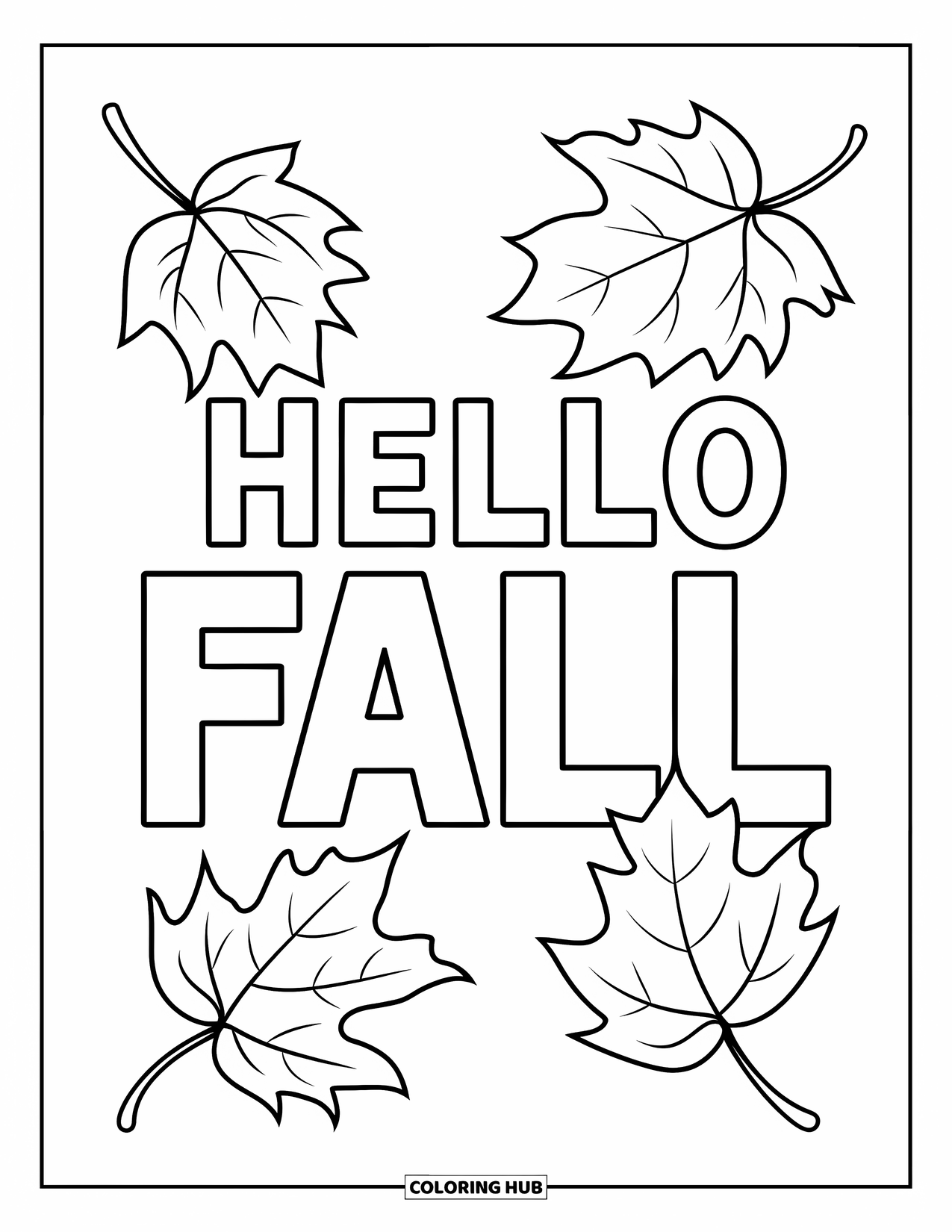 Hello Fall Coloring Page for Kids: Bold letters and maple leaves celebrate fall in a playful design