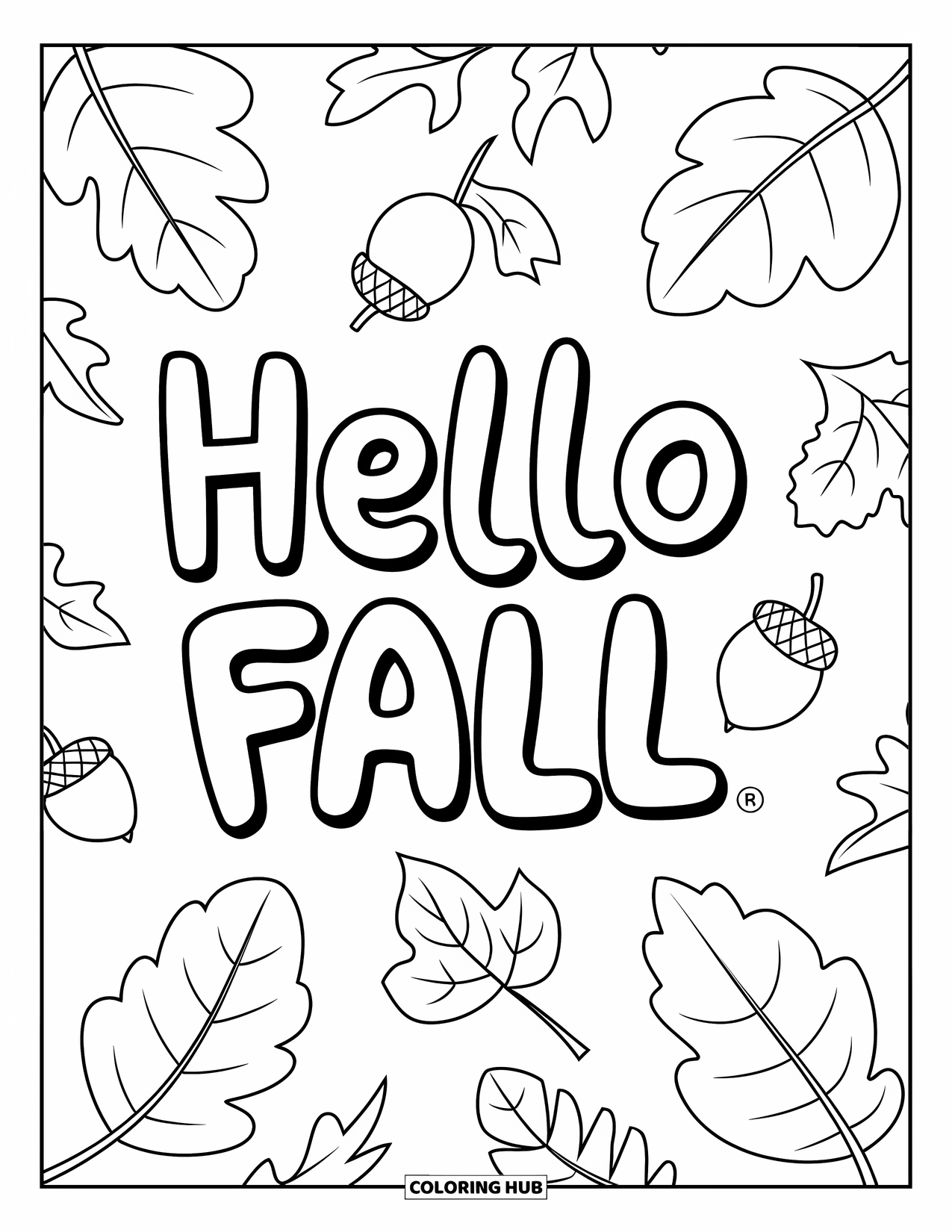 Hello Fall Coloring Page for Kids: Bubble letters bring fall to life with bold lines and leaf accents