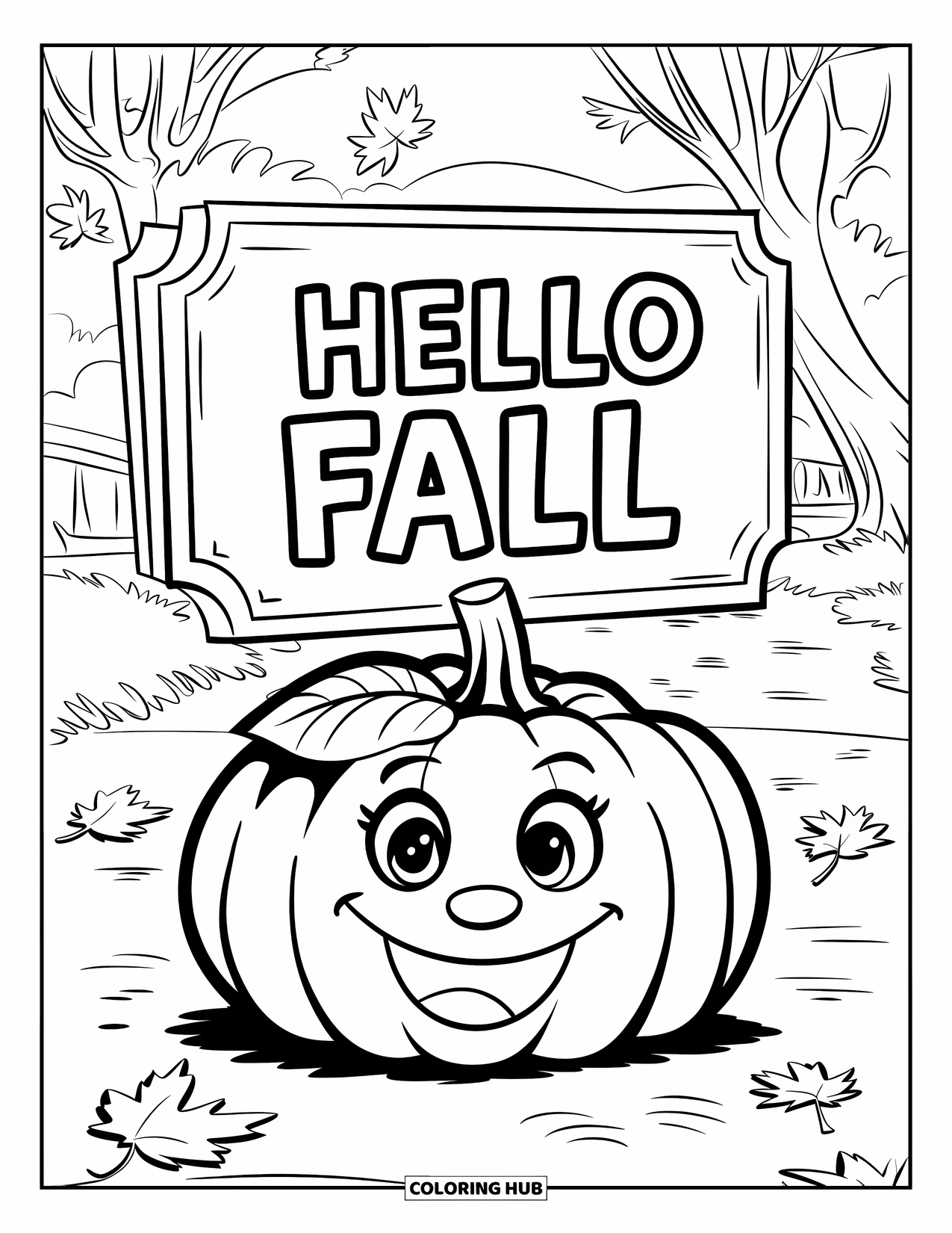 Hello Fall Coloring Page for Kids: Cheerful pumpkin in a field beams beneath a big fall greeting