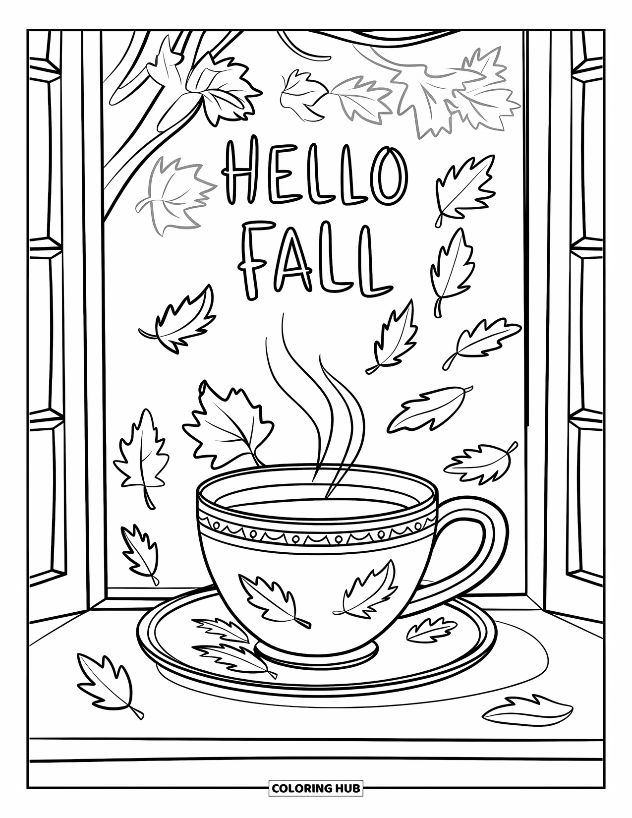 Hello Fall Coloring Page for Kids: Cozy tea cup on the sill with a swirl of falling leaves and greeting