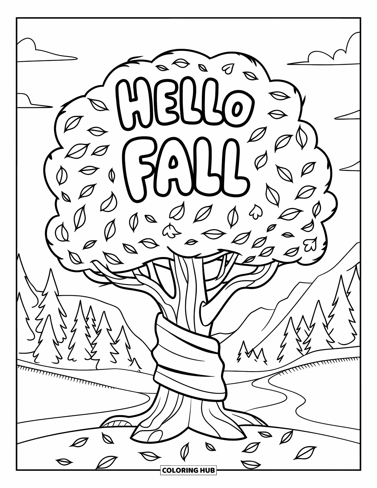 Hello Fall Coloring Page for Kids: Fall breeze wraps a tree in warmth with mountains in the background