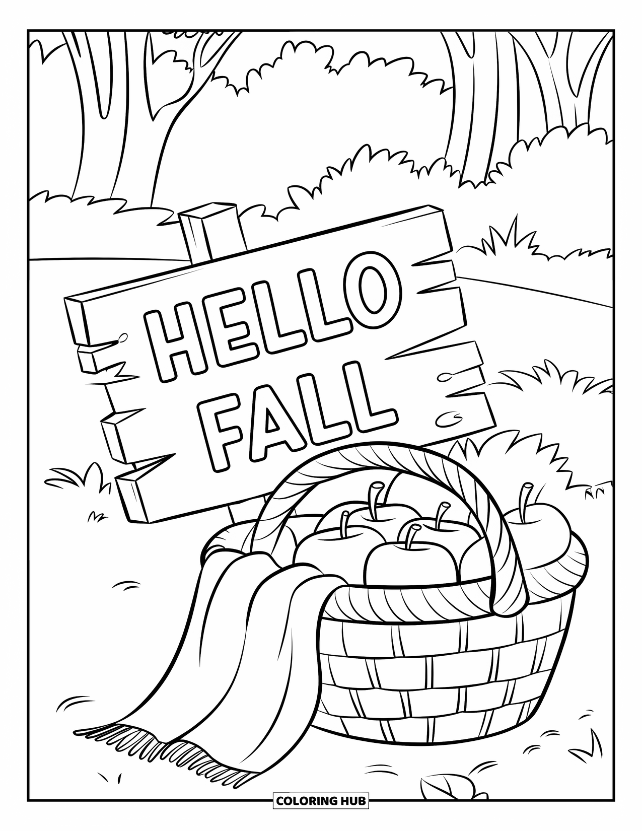 Hello Fall Coloring Page for Kids: Fall leaves and apples nestle beside a friendly "Hello Fall" wooden sign