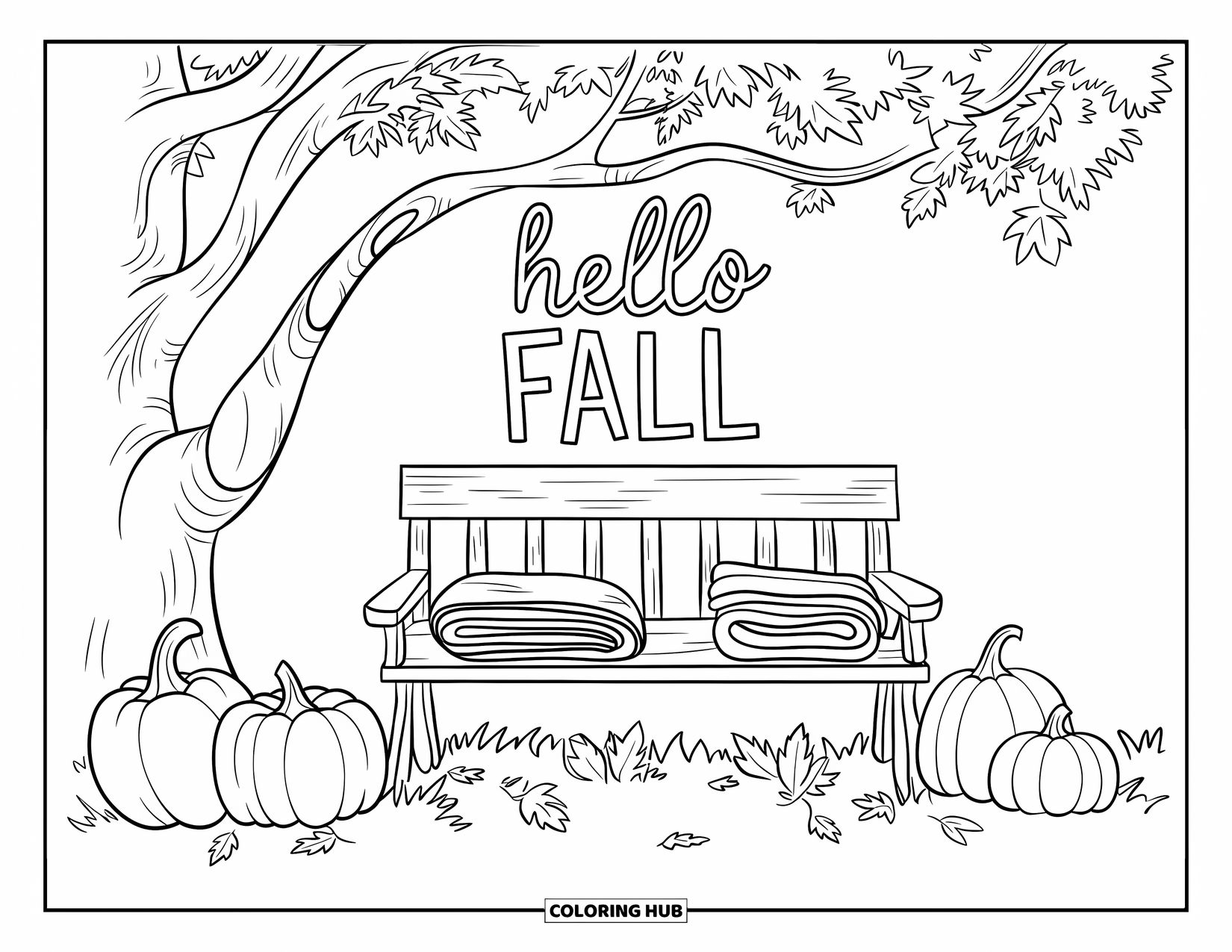 Hello Fall Coloring Page for Kids: Folded blankets and pumpkins sit beside a bench under a warm fall message