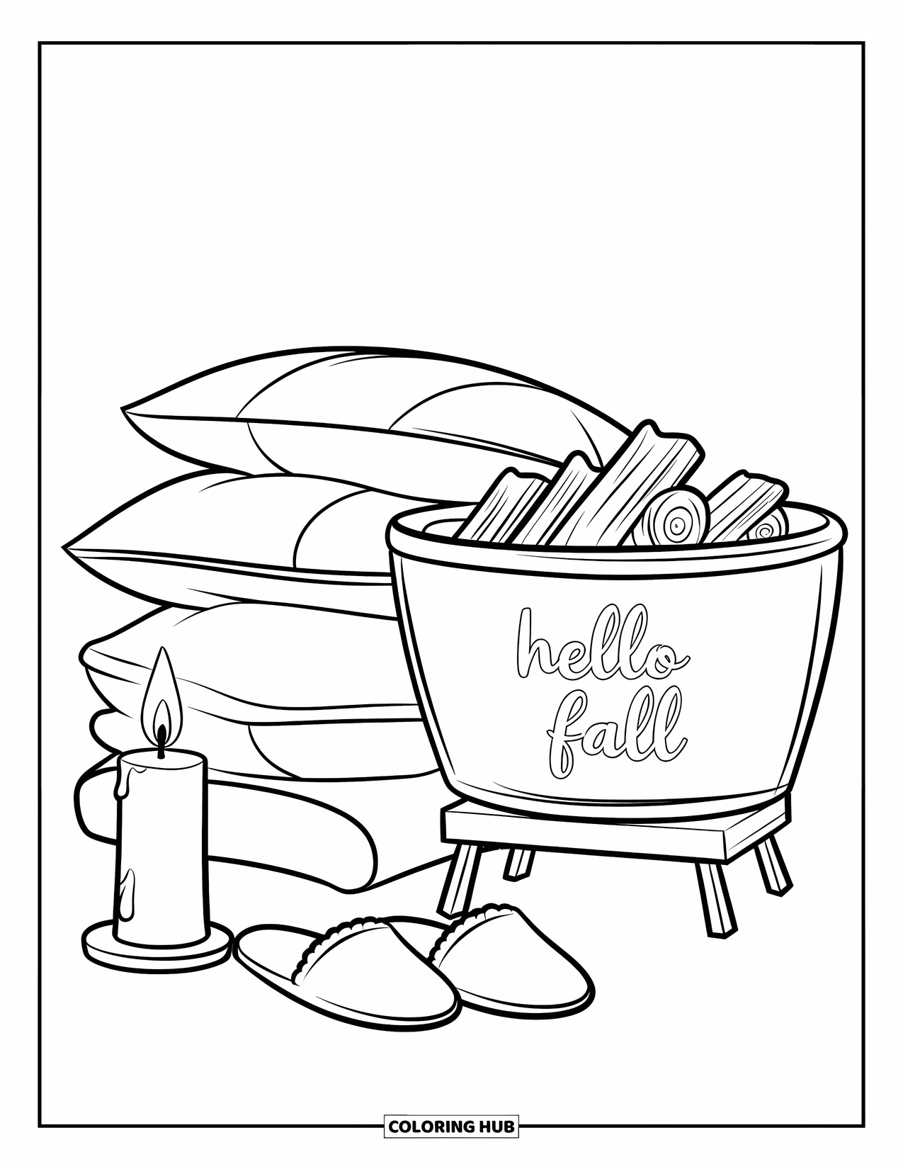 Hello Fall Coloring Page for Kids: Pillows, slippers, and candlelight cozy up this fall nook with a loving message