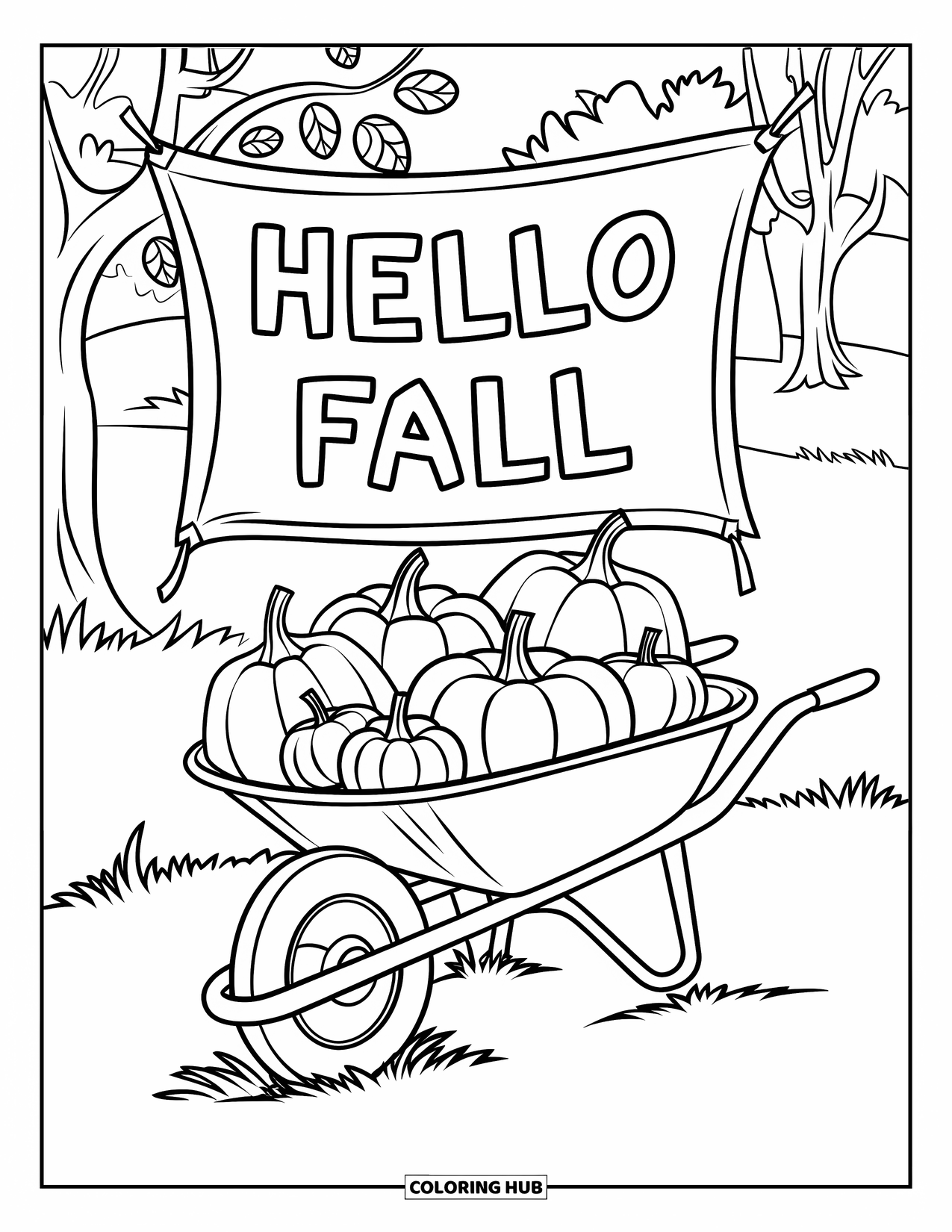 Hello Fall Coloring Page for Kids: Pumpkins and apples fill a cart beneath colorful trees and a "Hello Fall" sign