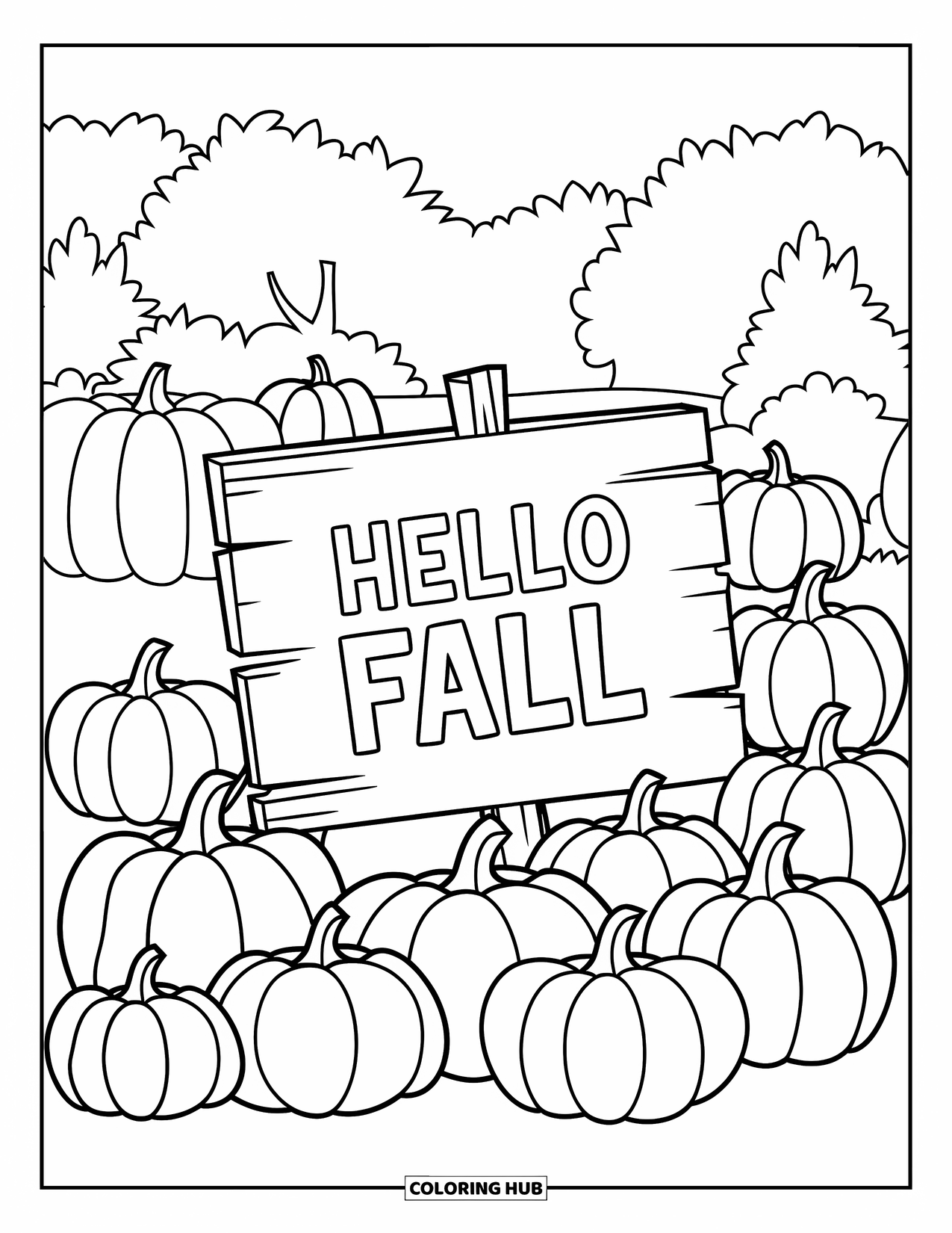 Hello Fall Coloring Page for Kids: Pumpkins and leaves gather beneath a sweet autumn greeting