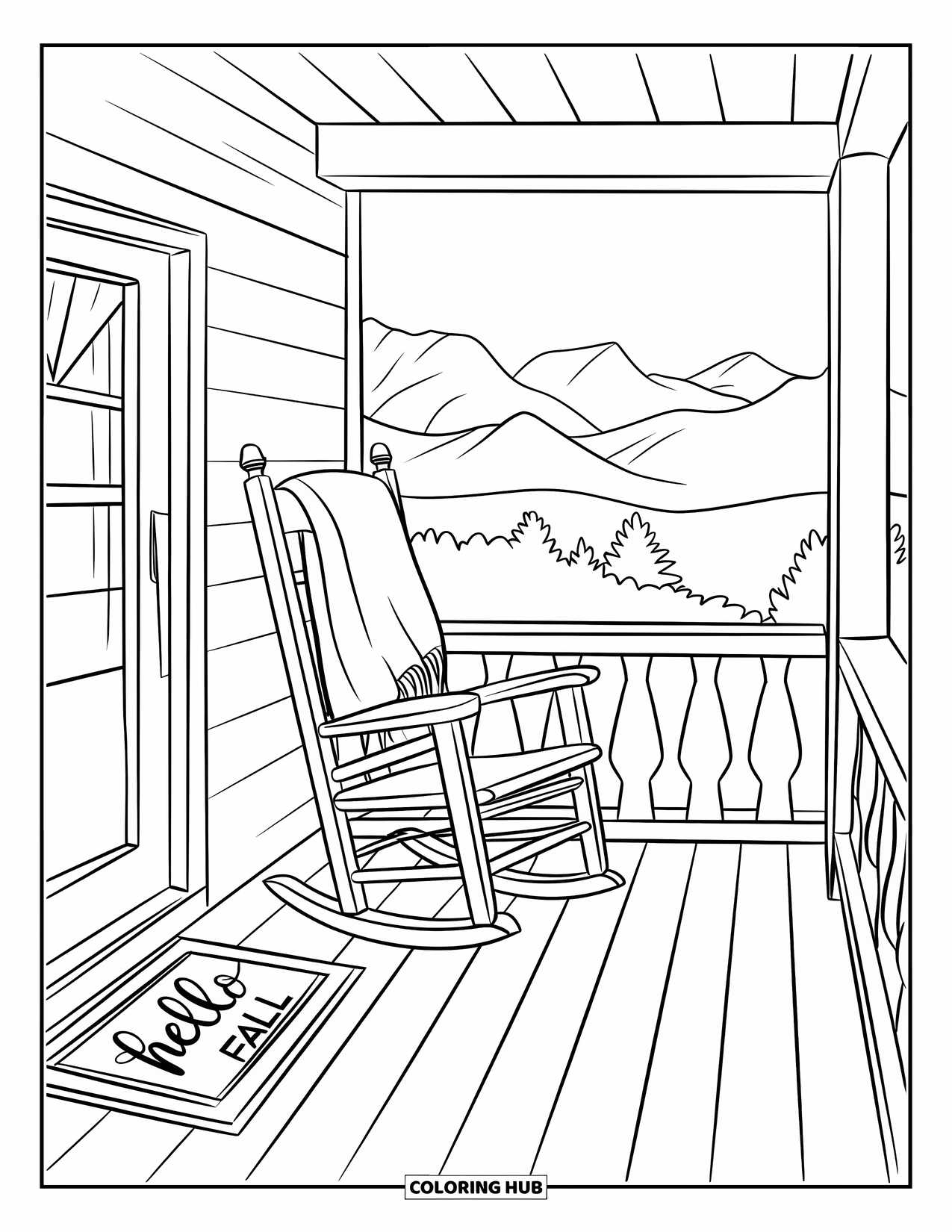 Hello Fall Coloring Page for Kids: Rocking chair and fall leaves sit quietly on a peaceful mountain porch