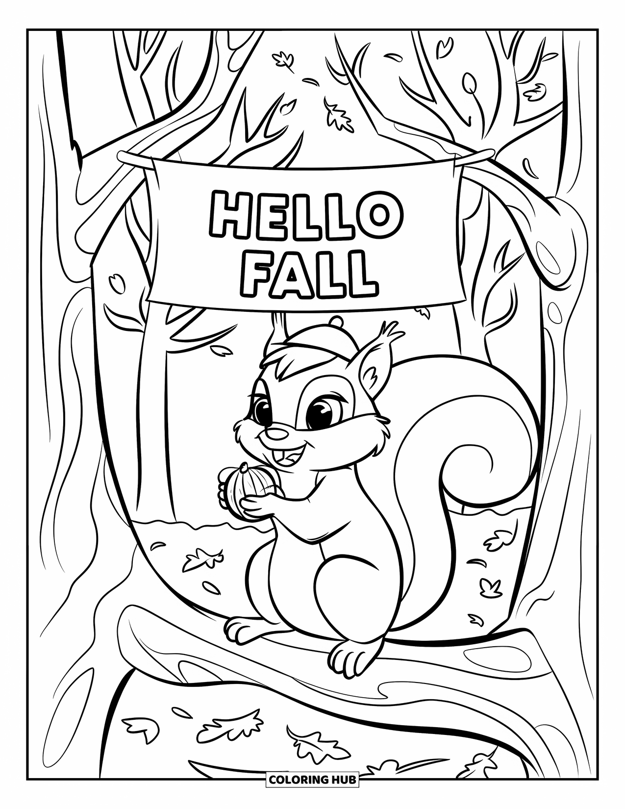 Hello Fall Coloring Page for Kids: Squirrel in a tiny hat shares fall joy beneath fluttering leaves